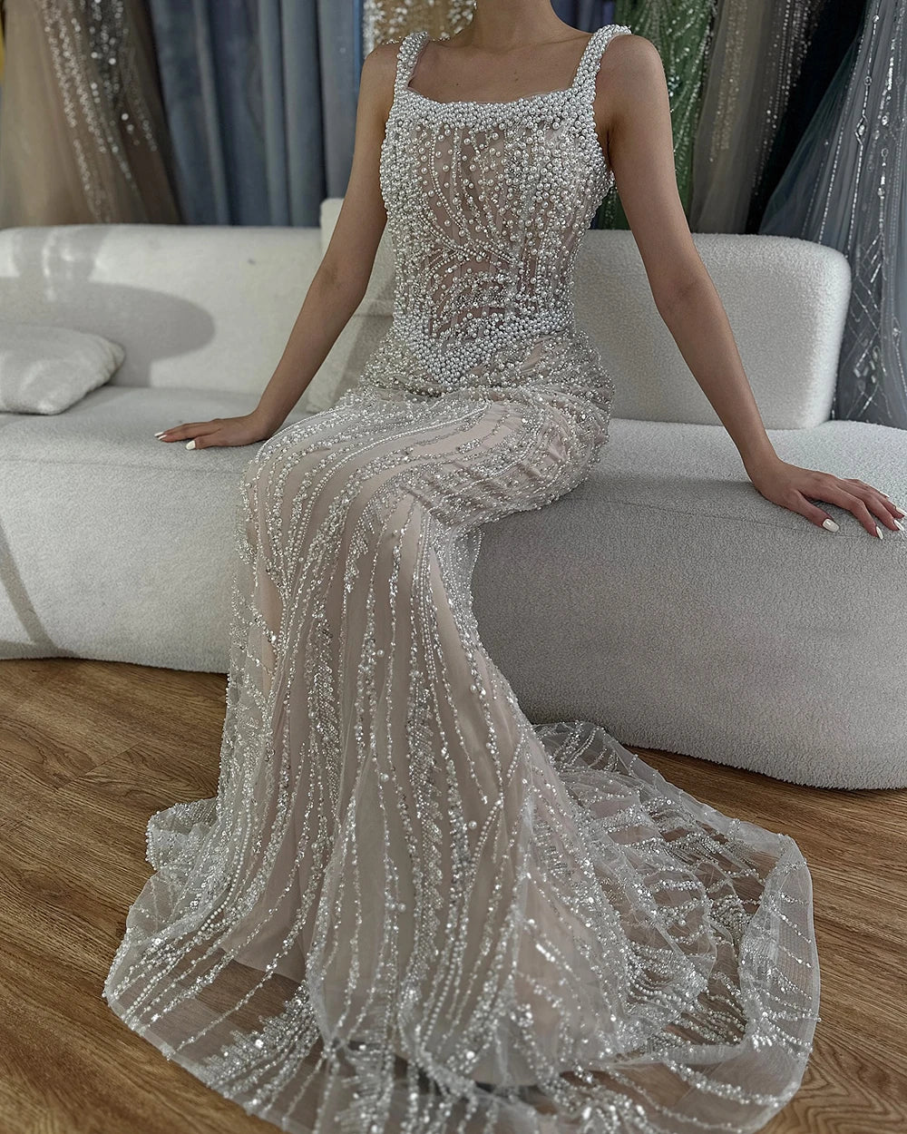 Elegant White Nude Spaghetti Strap Mermaid Evening Gown with Luxury Pearl Beading - Women's Formal Dress for Wedding, Prom & Special Occasions