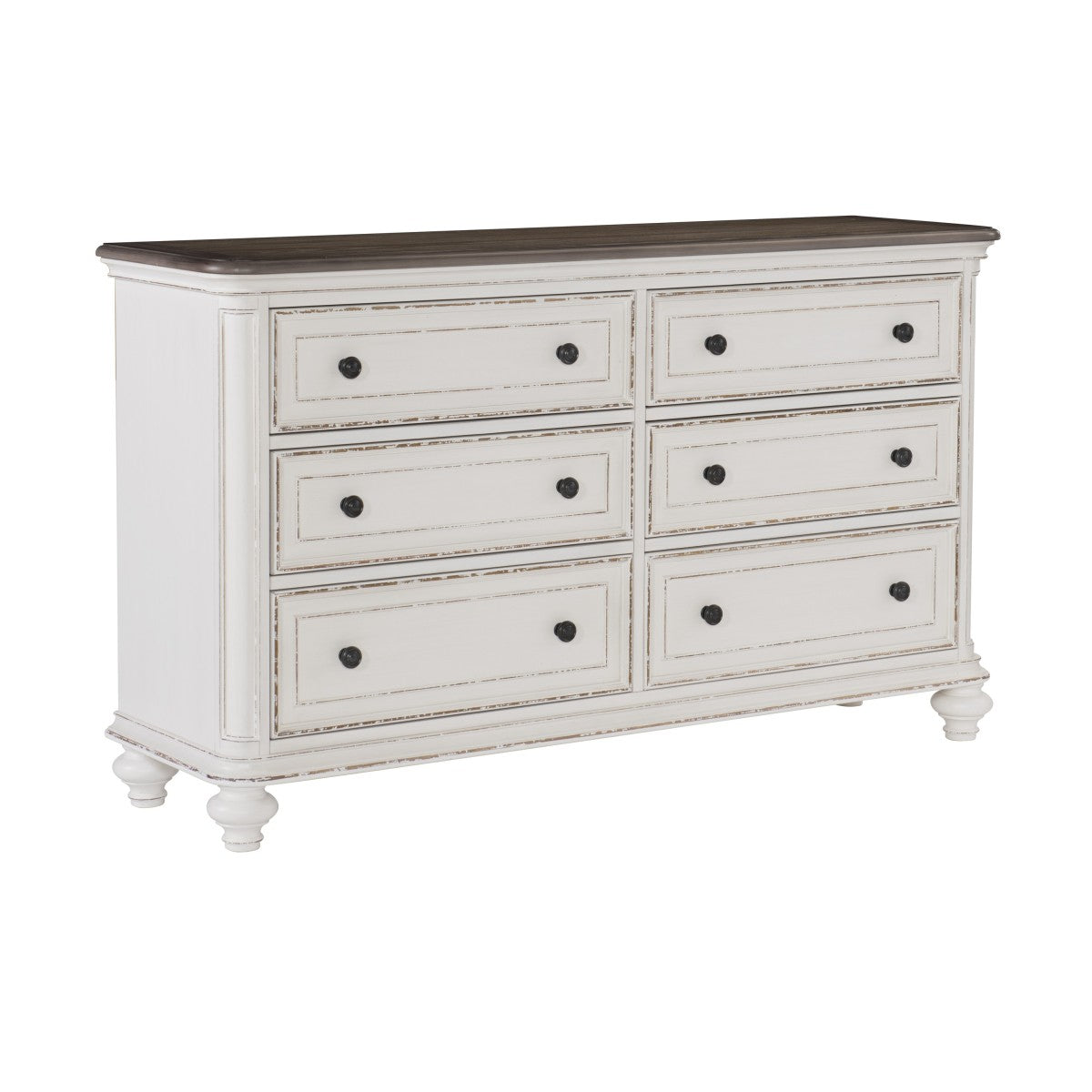 Antique White & Brown Gray Oak Veneer Dresser with 6 Drawers - Vintage Style Bedroom Furniture for Storage & Organization