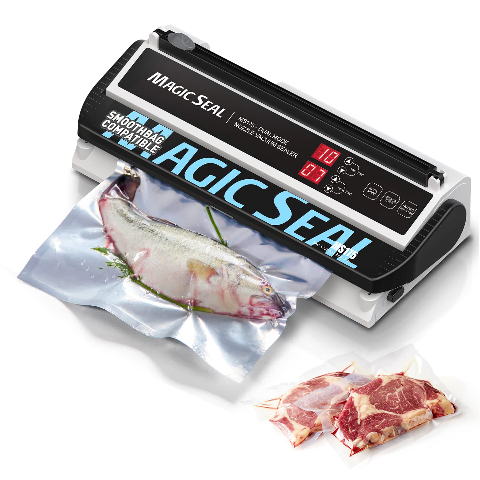 Magic Seal MS175 Vacuum Sealer Machine for Food Preservation | Nozzle Type | Compatible with Mylar Bags | Extra-Wide 8mm Sealing Bar | Adjustable Vacuum & Seal Time | Auto/Manual Mode | Perfect for Meal Prep, Sous Vide & Long-Term Food Storage
