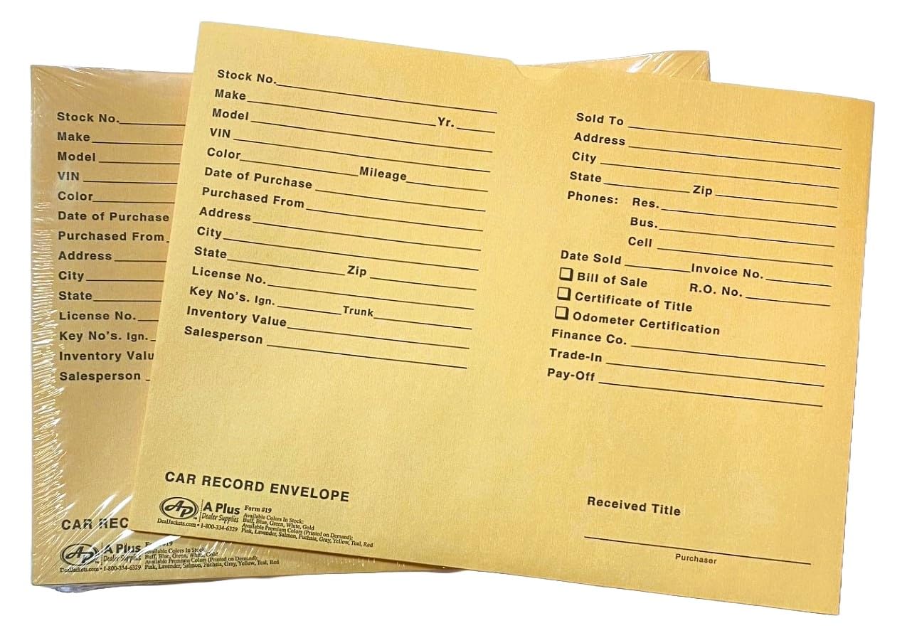A Plus Vehicle Dealer Envelopes - #19 Buff Deal Jackets (200 Pack) - W3 Size - Perfect for Auto Dealerships, DMV Documents & Vehicle Title Storage