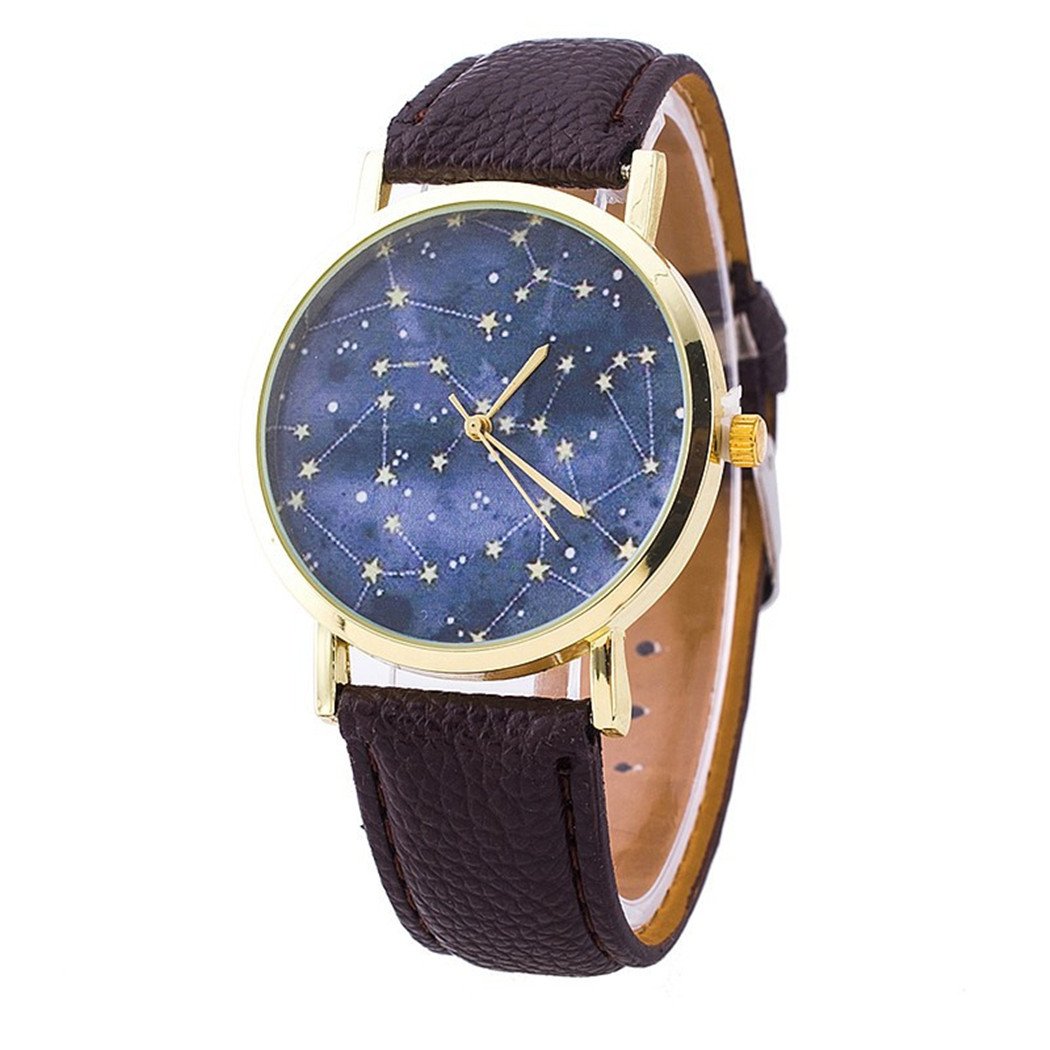 Vavna Unisex Constellation Print Leather Quartz Watch for Men & Women - Stylish Brown Star Dial, Perfect for Students, Casual Wear & Everyday Use