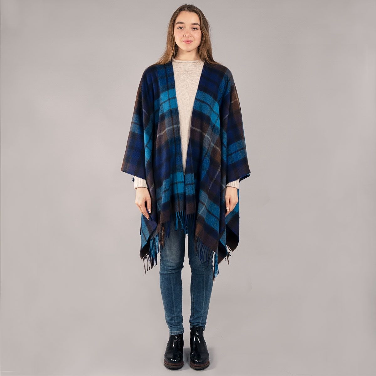 Alice Buchanan Blue Tartan Lambswool Serape Wrap - Premium Scottish Wool Shawl for Women - Perfect for Fall Fashion, Winter Warmth & Holiday Outfits
