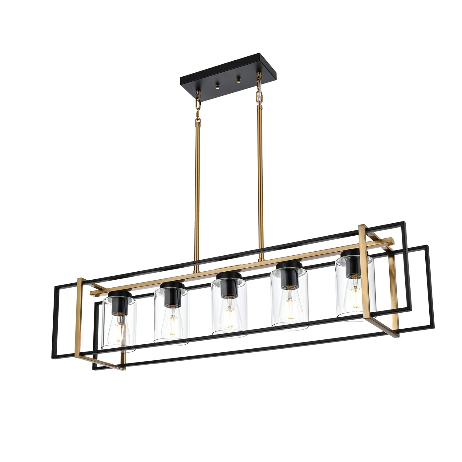 5-Light Farmhouse Chandelier Black Brass Rectangular Pendant Light with Clear Glass Shades - Rustic Island Lighting for Dining Room, Kitchen, Bar & Restaurant Decor