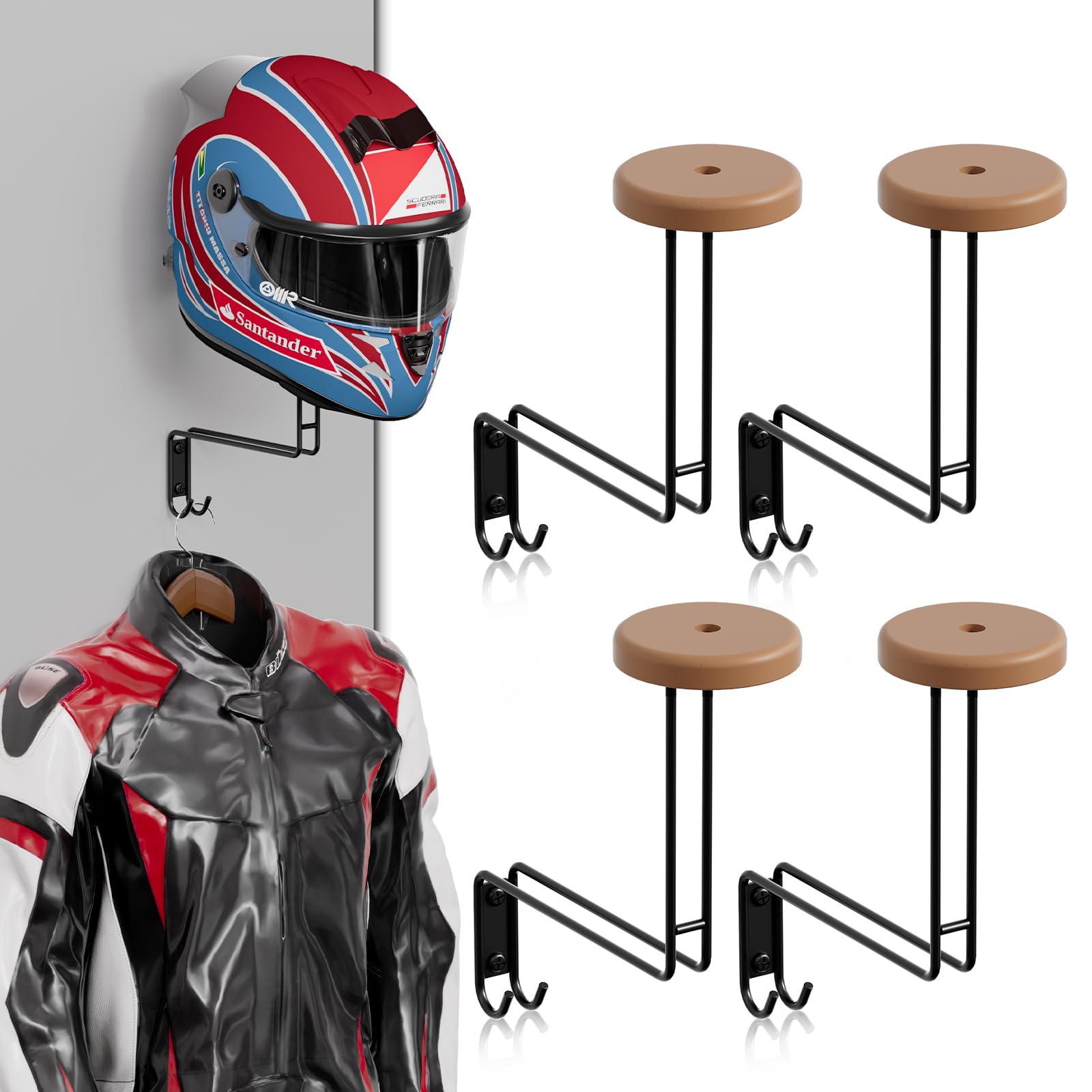 Motorcycle Helmet Holder Wall Mount - 4 Pack with 2 Hooks for Bike, Coats & Sports Gear - Perfect for Garage Storage