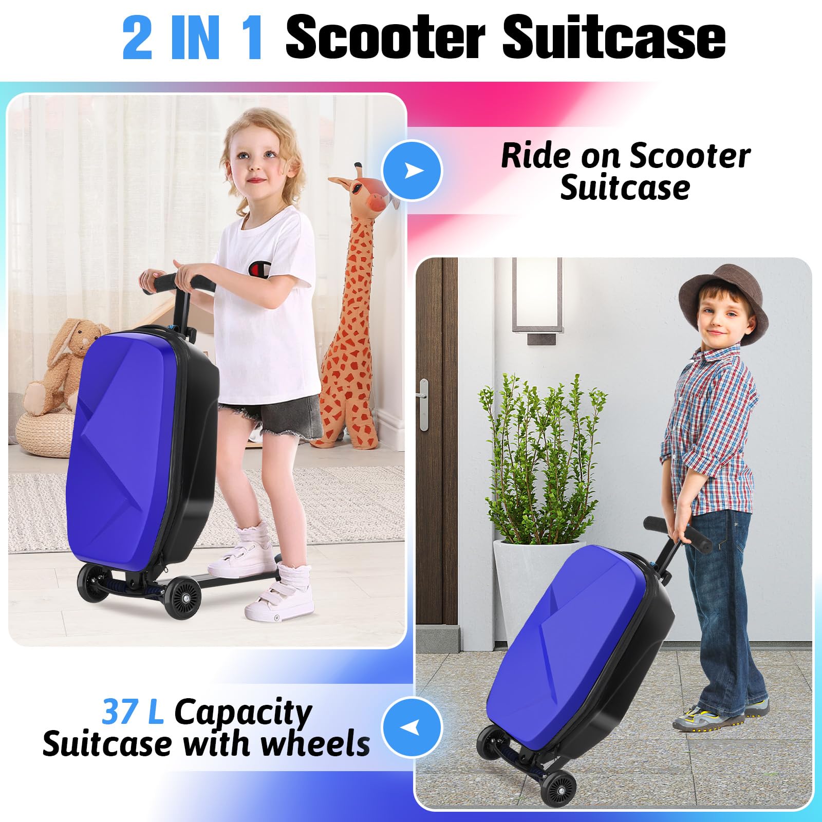 Best Ride-On Scooter Luggage for Kids & Adults - Lightweight Foldable Hardside Suitcase with Wheels for Ages 4-15 - Multifunctional Carry-On for Children & Teenagers (Sapphire Blue) - Perfect for Air Travel, Family Vacations & School Trips