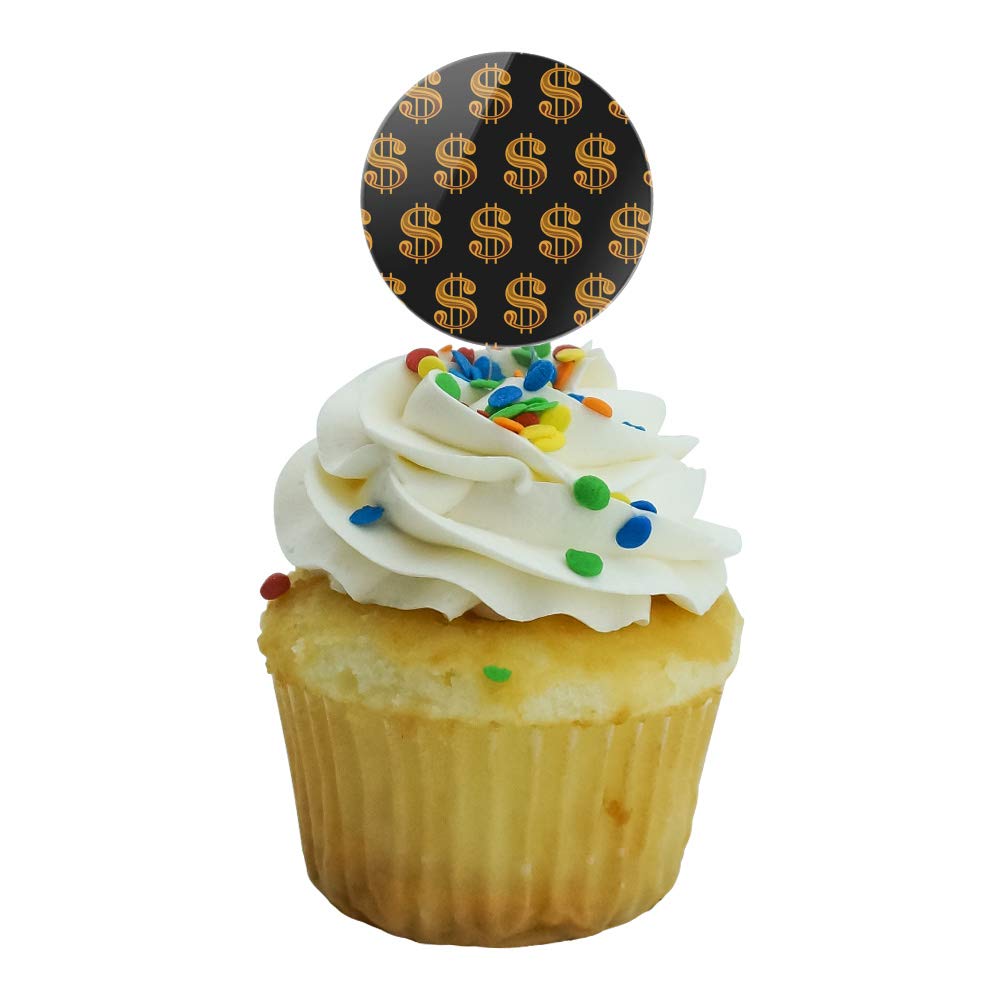 Gold Dollar Sign Money Pattern Cupcake Toppers - Set of 6 for Birthday Party Decorations, Baby Shower, and Financial Theme Celebrations