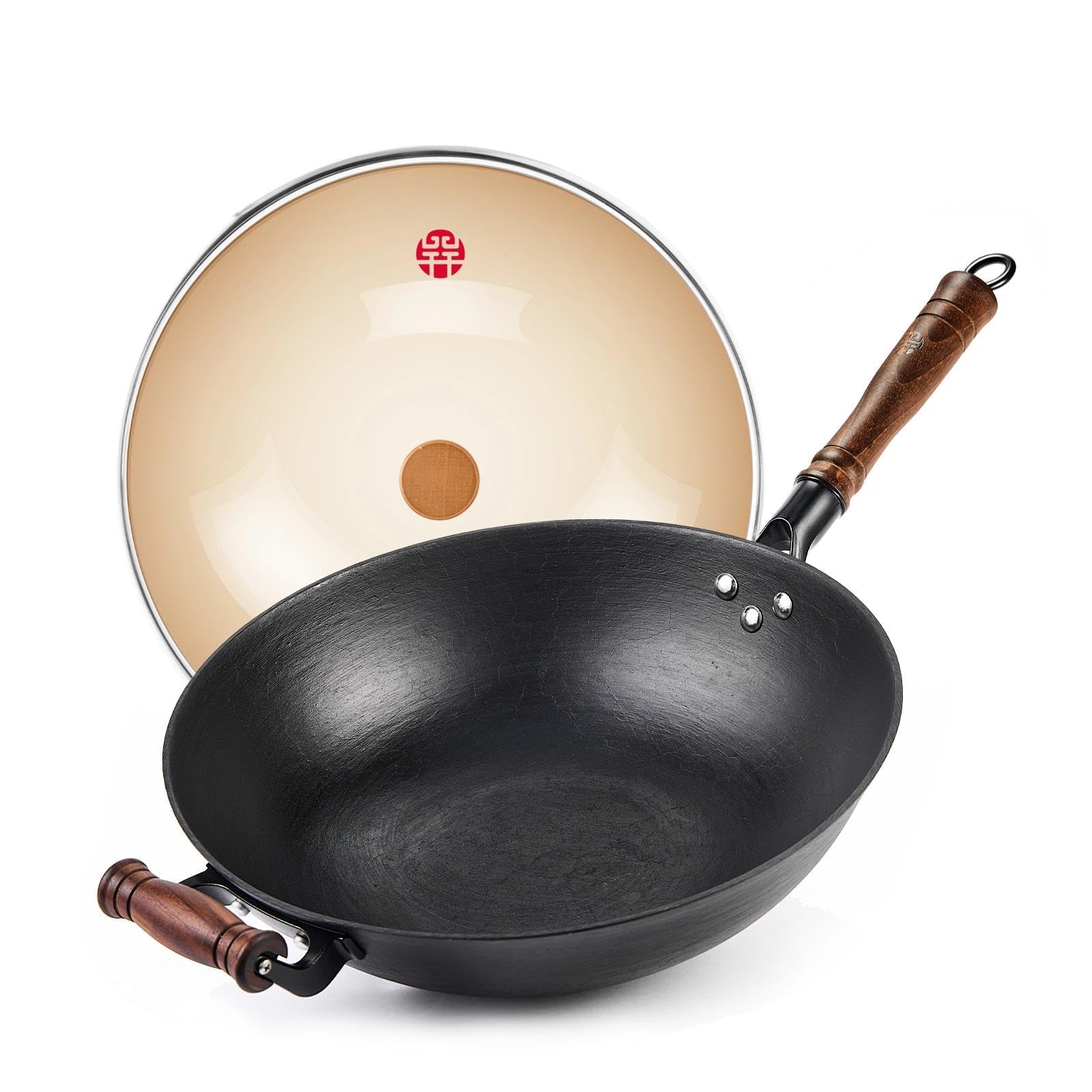 WANGYUANJI 12.59 Inch Cast Iron Wok with Glass Lid - Flat Bottom Uncoated Skillet for Gas, Electric & Induction Cooktops - Healthy Stir Fry Pan for Asian Cooking, Sautéing & Deep Frying