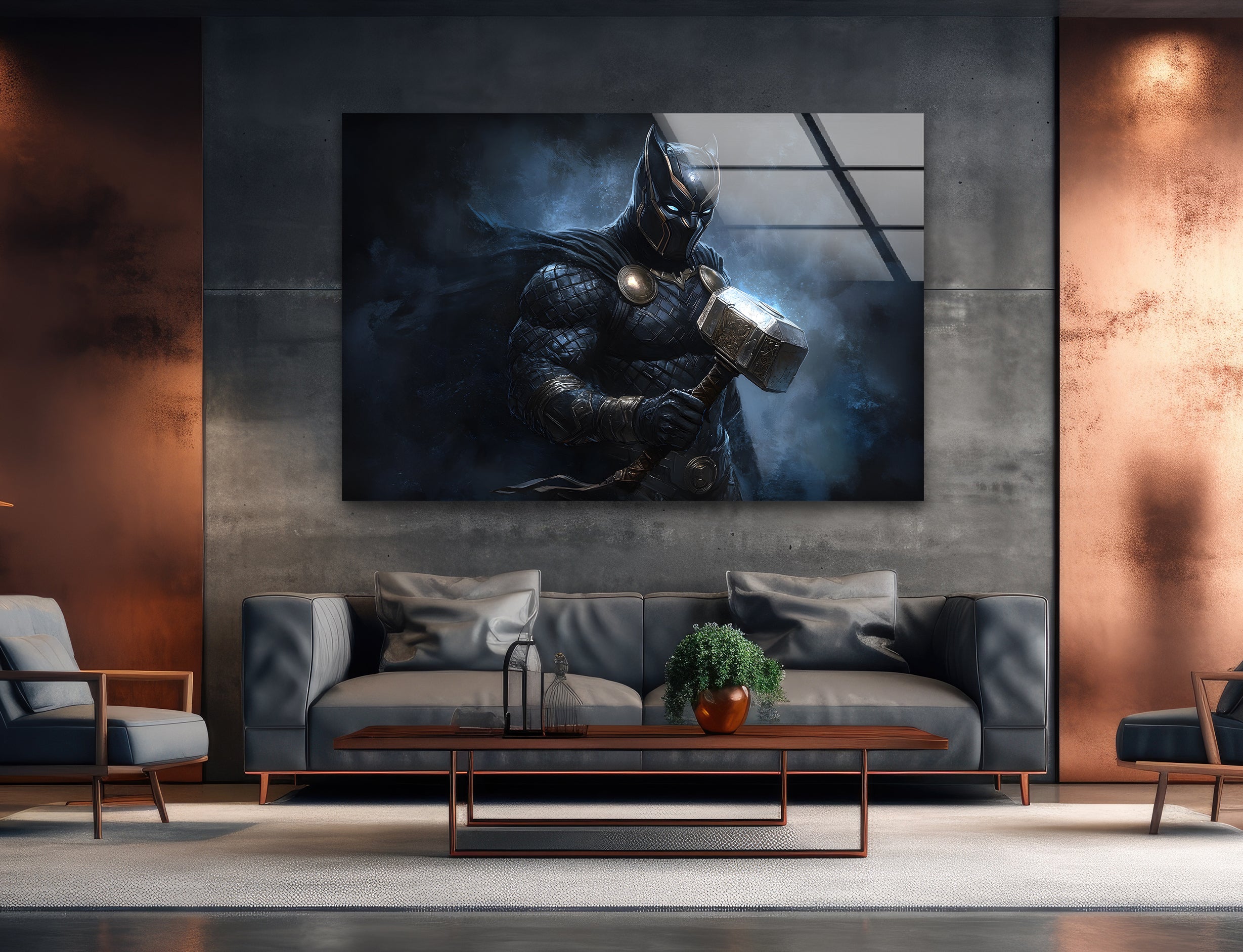 Marvel Black Panther Thor's Hammer Glass Wall Art - Superhero Home Decor for Living Room, Bedroom & Office