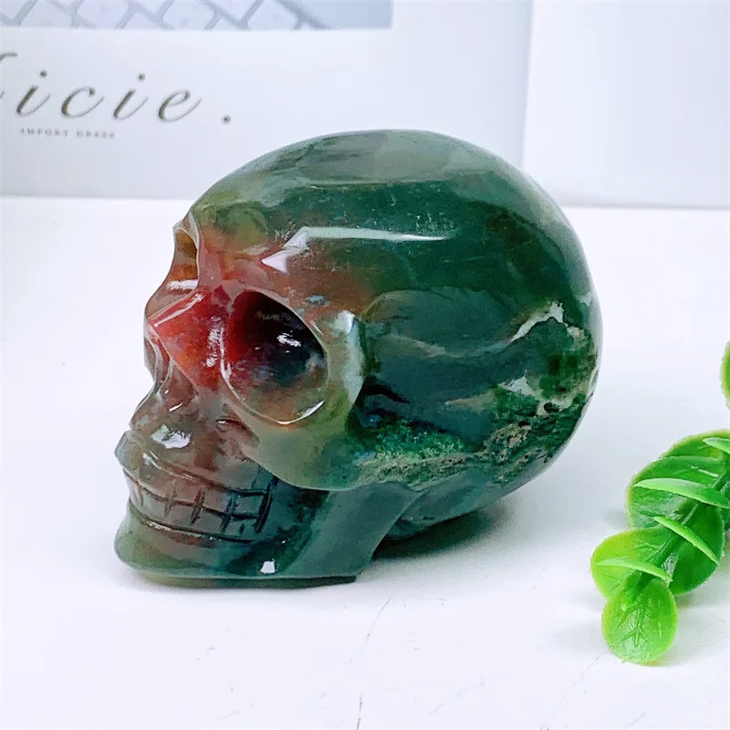 Natural Moss Agate Skull Carving Sculpture - Healing Crystal Gemstone Art for Home Decor, Meditation & Spiritual Healing - 1 Piece (399g) | Perfect for Yoga Spaces, Altars & Gothic Home Décor