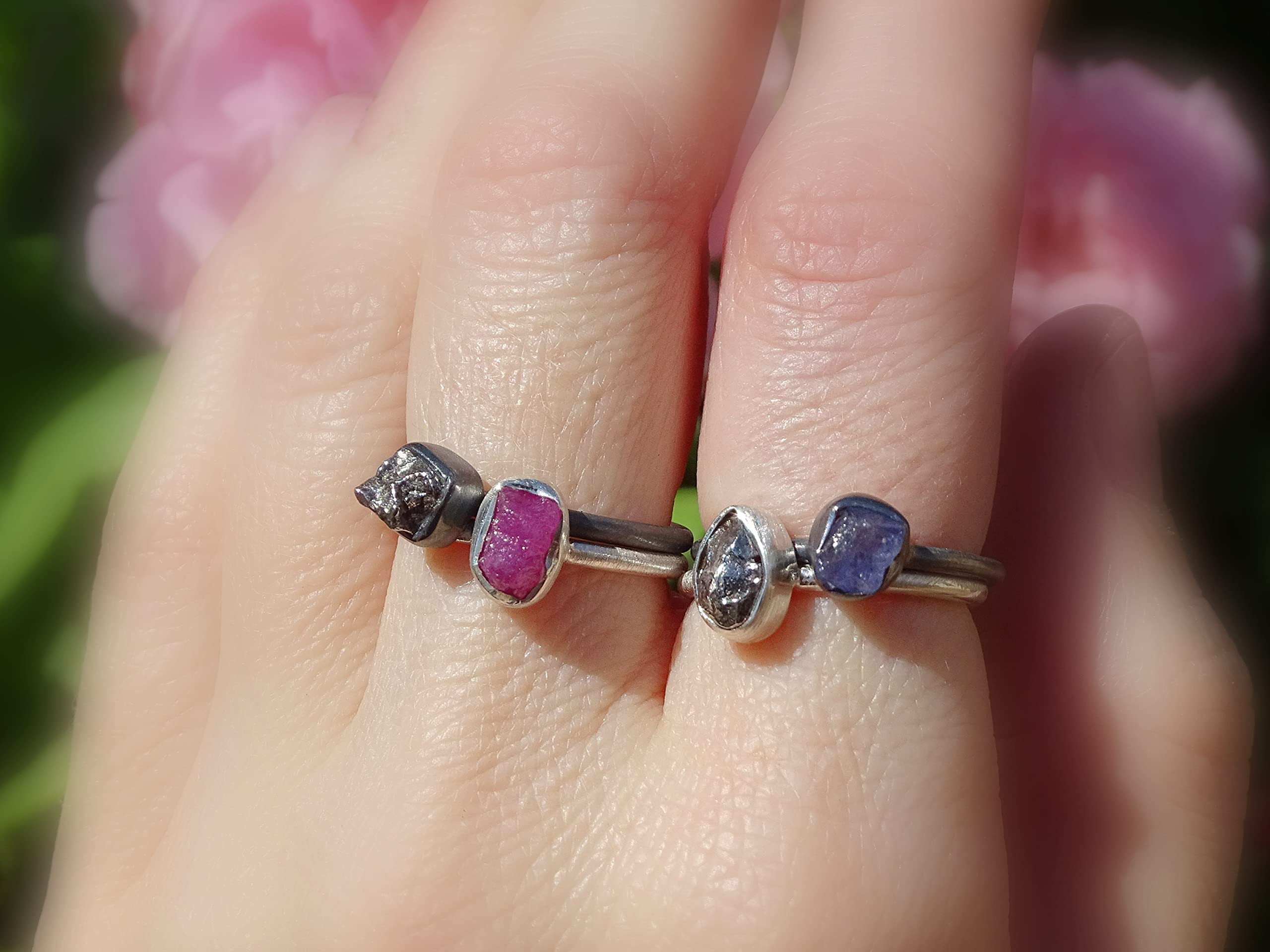 Dainty Ruby Ring Black Silver Raw Ruby Engagement Ring for Women - Anniversary Gift, Small Stacking Ring Silver Gemstone Band - Perfect for Weddings, Date Nights & Special Occasions