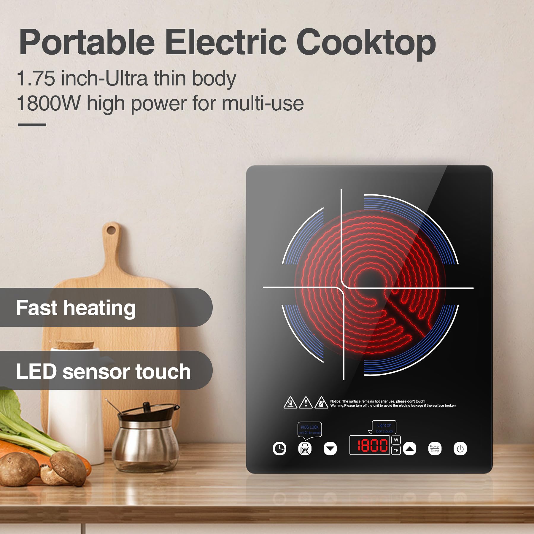 VBGK 1800W Portable Induction Cooktop - 110V Electric Stove Top with LED Touch Control, 9 Power Levels, Child Lock & Timer, Overheat Protection - Perfect for Dorms, Apartments, RVs & Small Kitchen Cooking