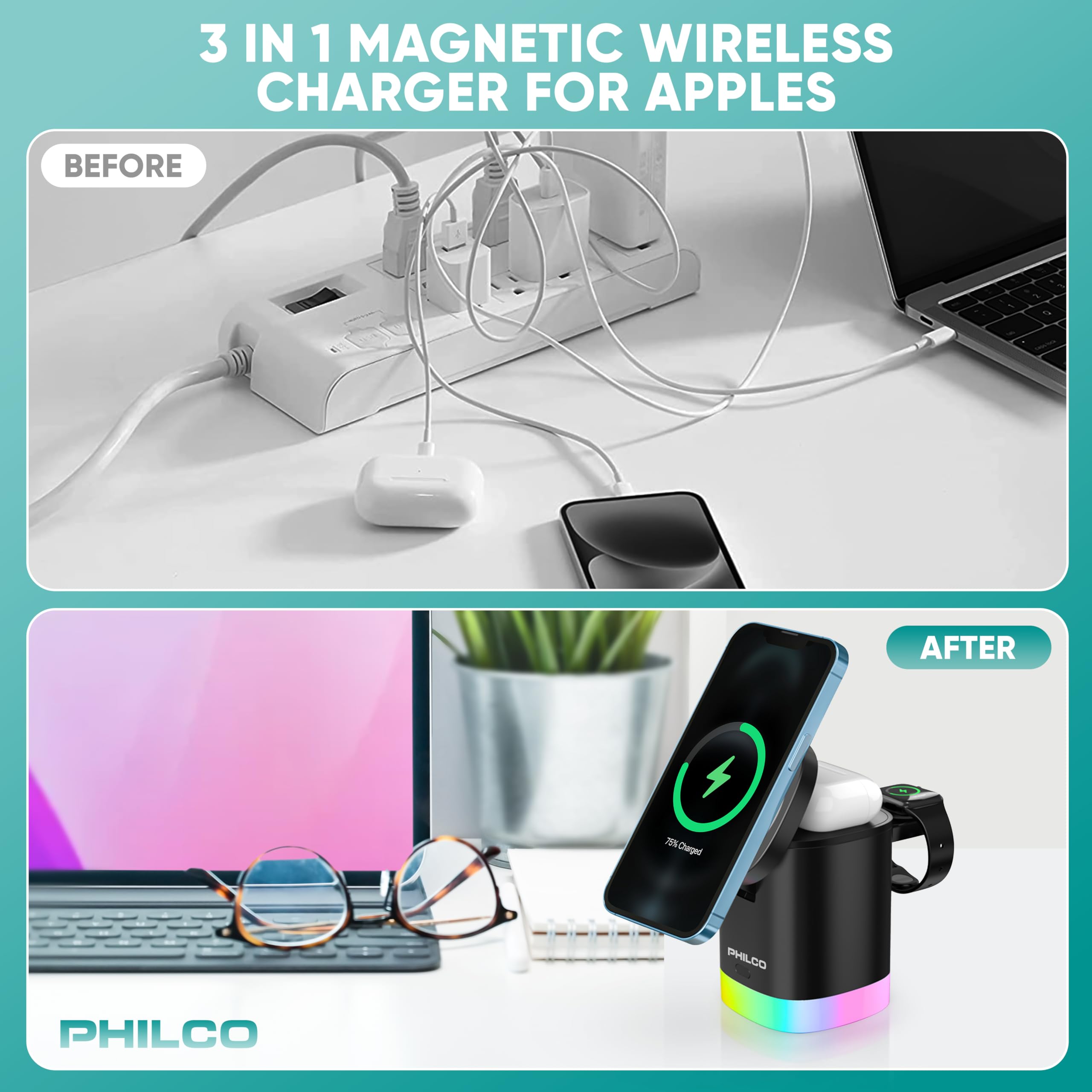 3-in-1 Magnetic Wireless Charging Station for iPhone 11/12/13/14/15/16 - 15W Fast Magsafe Charger with USB-C Port | Compatible with Apple Watch & AirPods | Foldable Compact Design & RGB Color Changing Light | Perfect for Home, Office & Travel Charging
