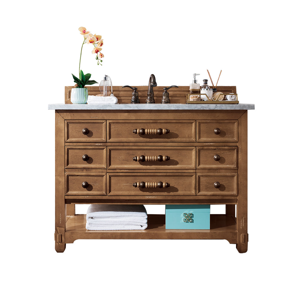 Malibu 48 Inch Single Bathroom Vanity with Honey Alder Wood & 3CM Carrara Marble Top - Perfect for Modern Master Bathroom or Guest Bathroom Renovation