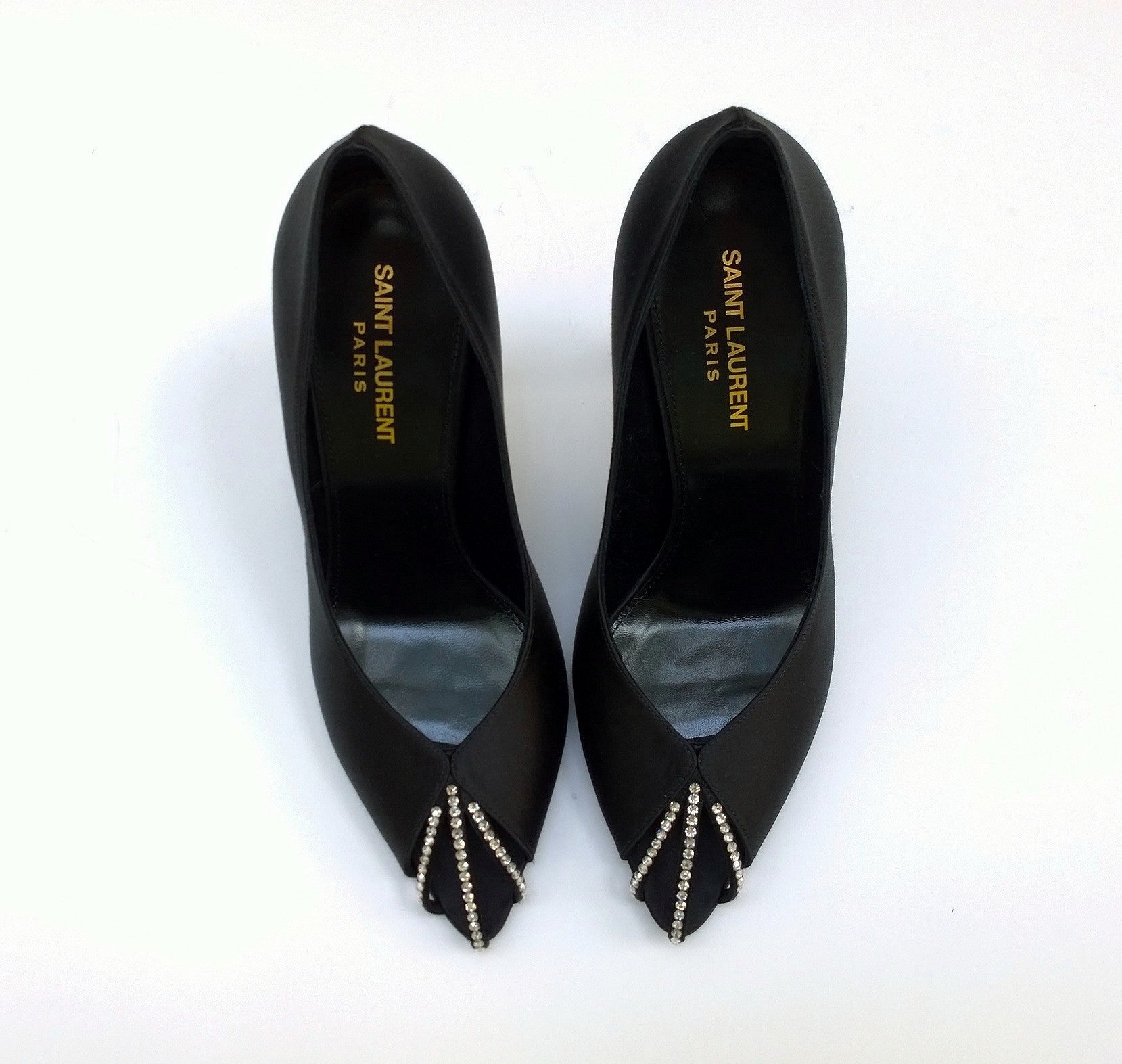 Saint Laurent Alix Black Satin Rhinestone Heels Peep Toe Pumps - Elegant Evening Shoes for Women, Perfect for Parties, Weddings & Special Occasions