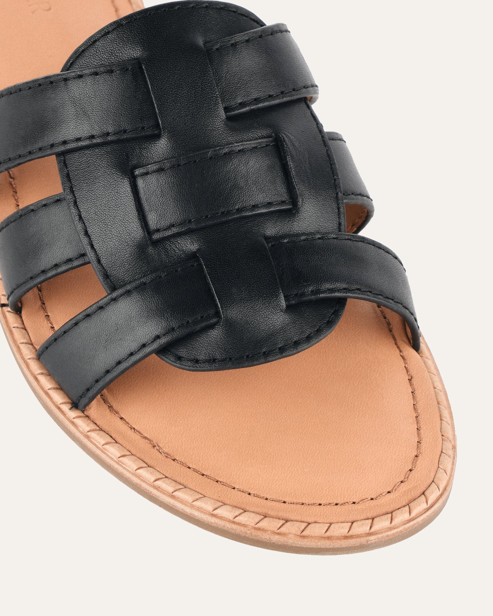JASPER Women's Flat Sandals - Black Genuine Leather Comfortable Slip-On Sandals for Walking, Travel & Beach