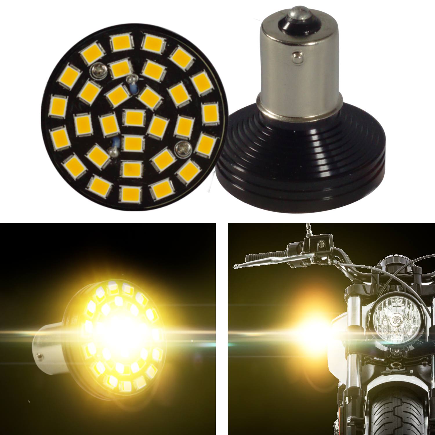Indian Scout SUNBURST LED Turn Signals Pair - High Visibility Amber Lights for Motorcycle Safety - Perfect for Night Riding & Custom Bike Builds