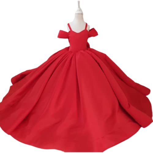 Elegant Red Off-Shoulder Floral Baby Girl Dress - Long Ruffle Tutu Gown for Birthday, National Holiday & Wedding - Toddler Girl's Fancy Party Outfit | Perfect for Special Occasions, Photoshoots & Festive Celebrations
