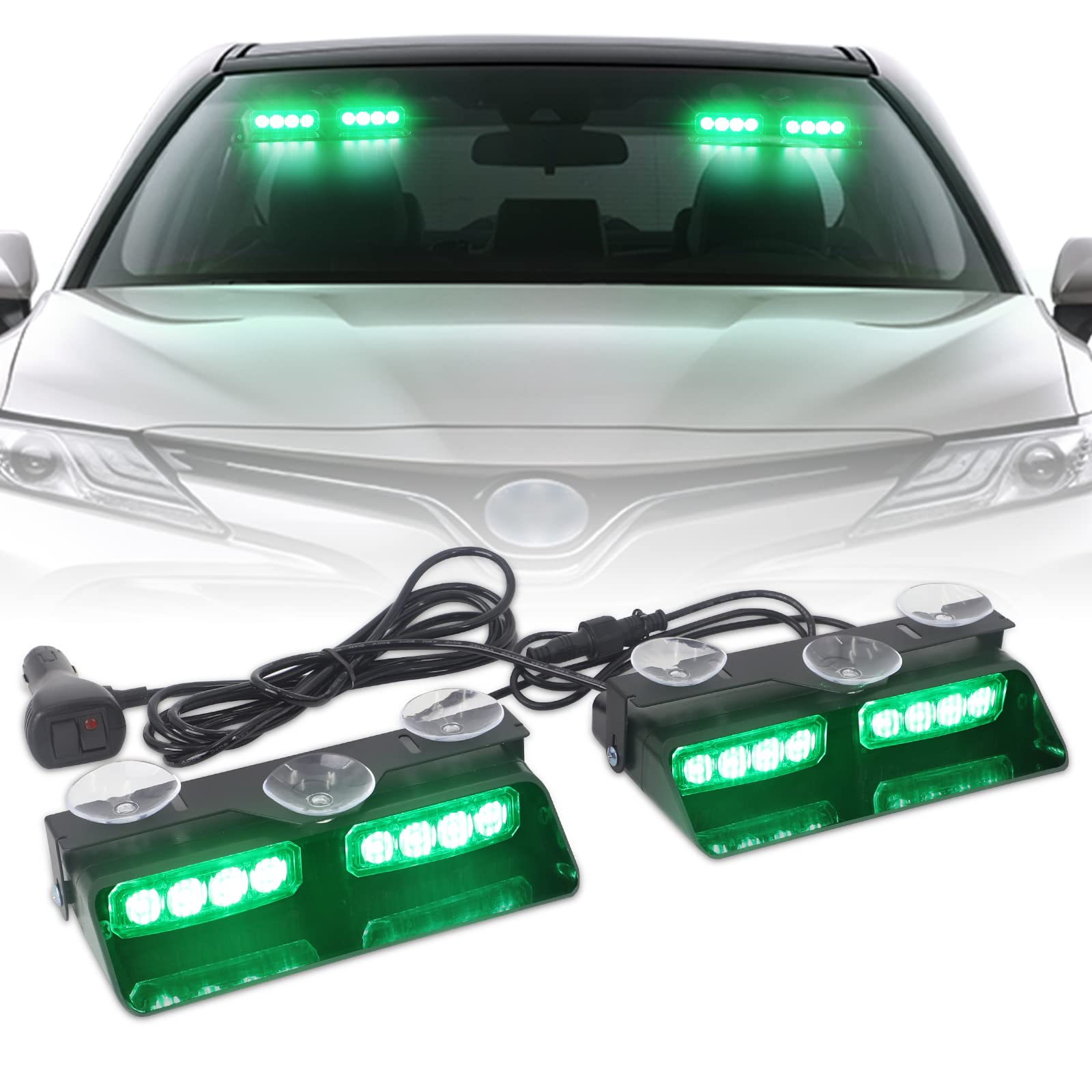 XRIDONSEN 2 in 1 Green Emergency Strobe Light - 16 LED Dash Warning Light with Suction Cups for Police, Volunteer, Trucks & Vehicles (7.16 Inch) - Interior Windshield Safety Flashing Light for Law Enforcement & Roadside Emergencies