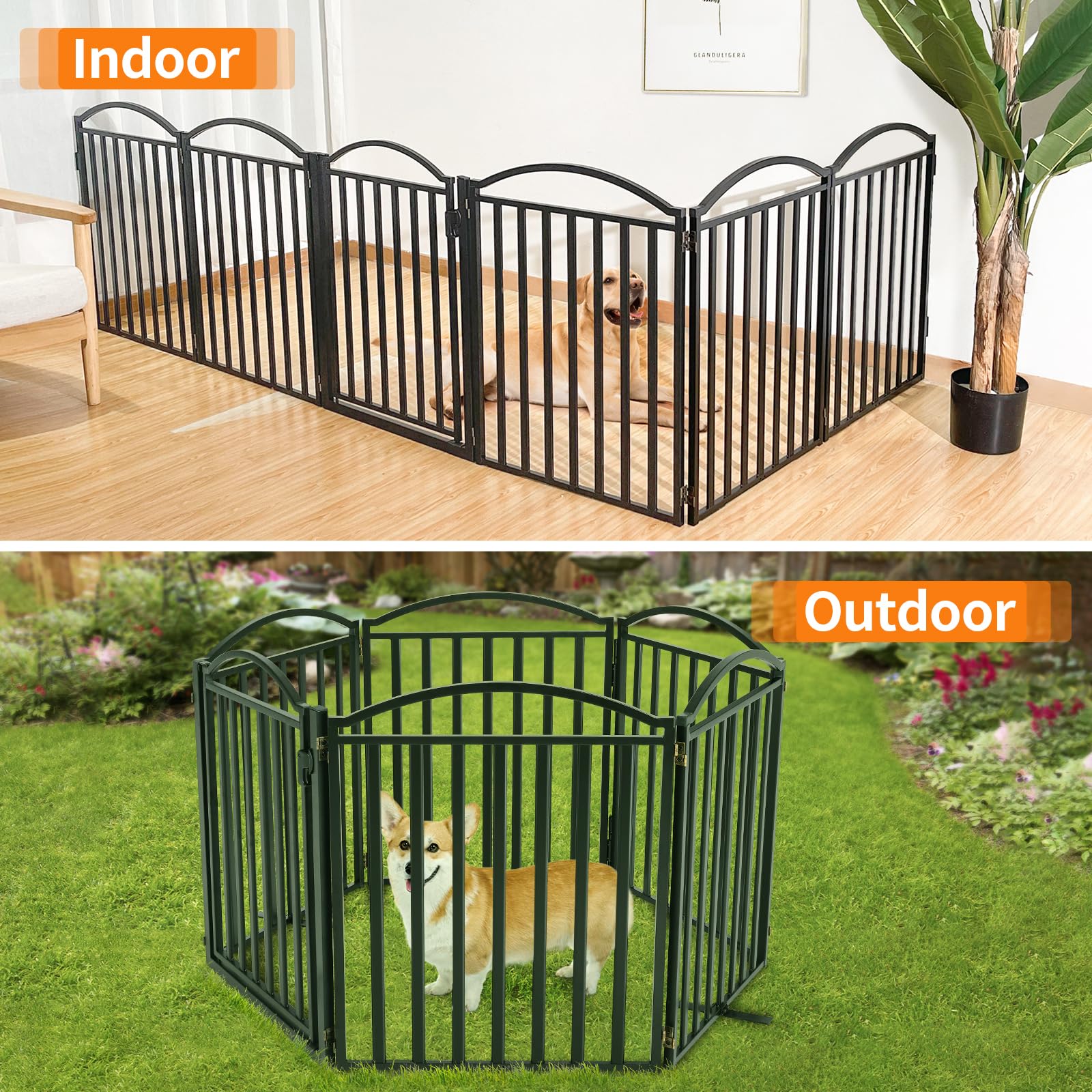 Malier 32'' Tall Freestanding Dog Gate with Door - Extra Wide Foldable Metal Pet Fence for Indoor & Outdoor Use - Black 6-Panel Puppy Barrier for Stairs, Hallways, Doorways, Yards - Perfect for Home Safety and Pet Containment
