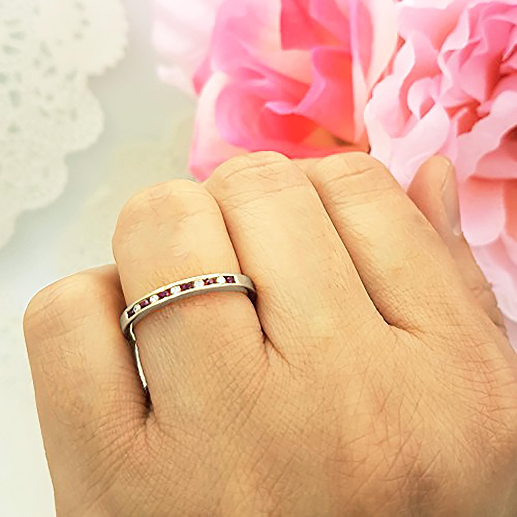 10K Solid Gold Round Ruby & White Diamond Women's Anniversary Wedding Band - Stackable Ring for Bridal, Engagement & Special Occasions | Dazzlingrock Collection