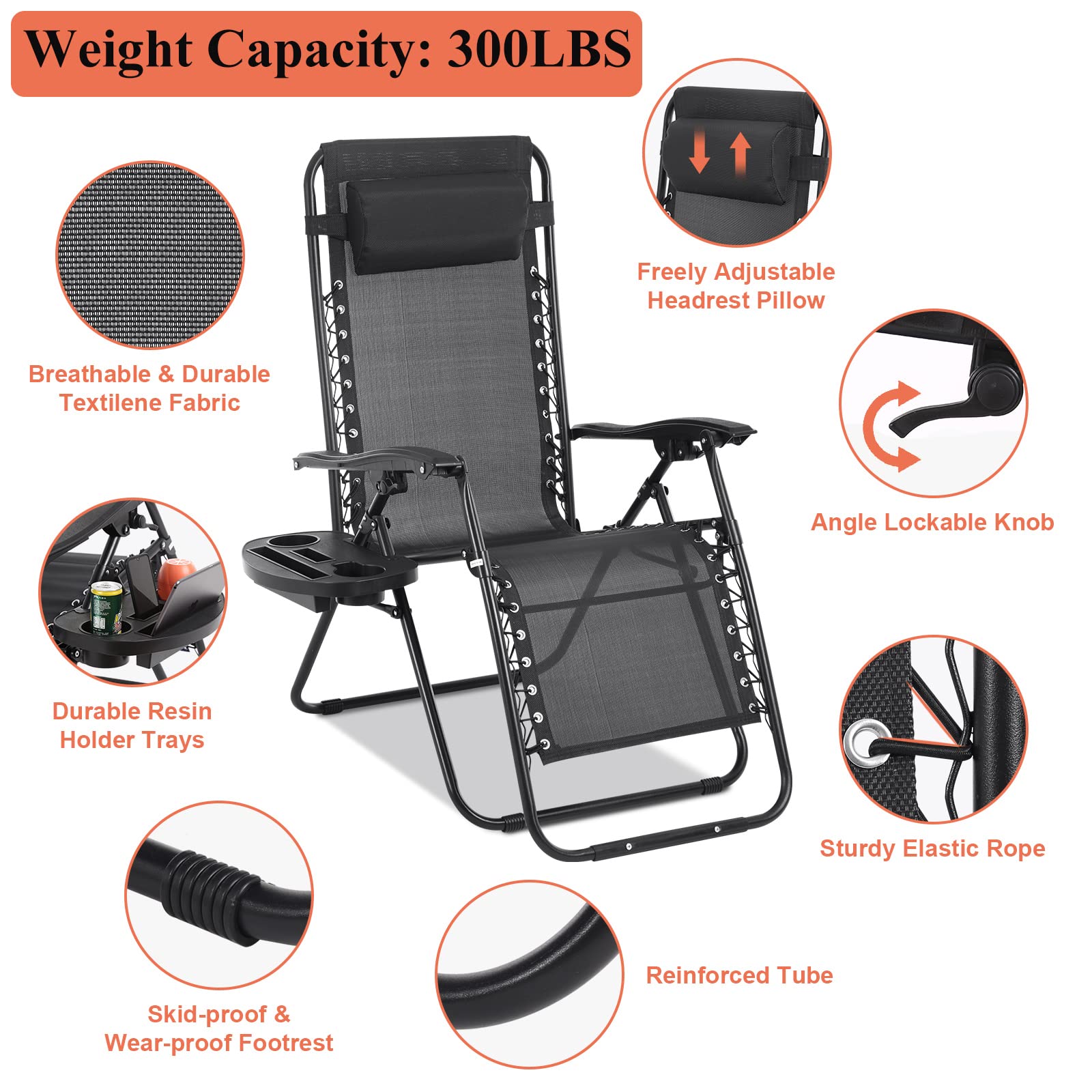 Premium Zero Gravity Reclining Chair with Pillow & Cup Holder - Adjustable Folding Outdoor Lounge Chair for Patio, Poolside, Camping & Backyard Relaxation - Breathable Mesh Fabric & Durable Steel Frame - Black