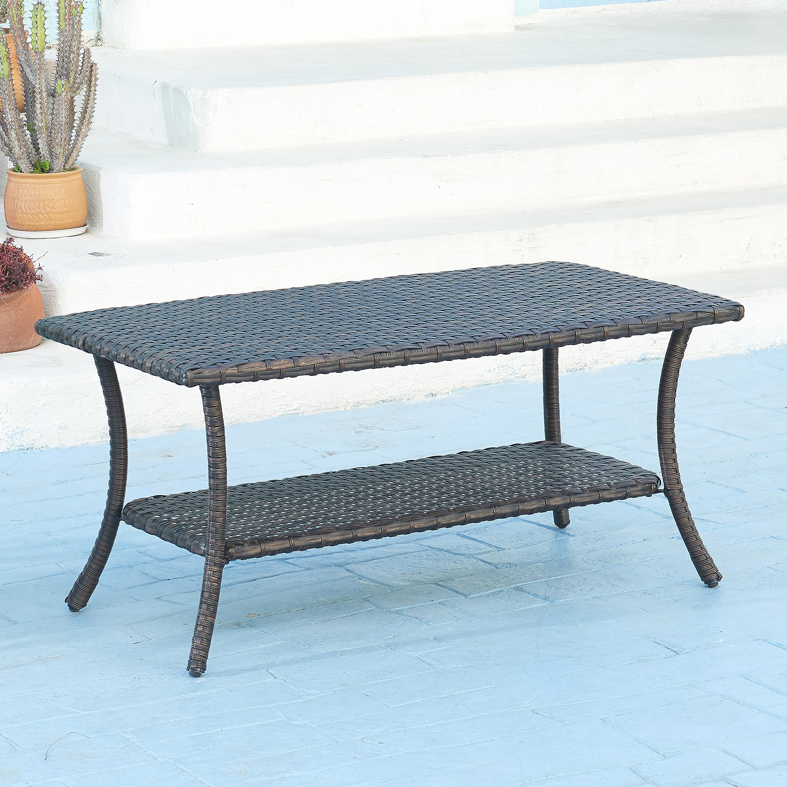 2-Tier Rattan Wicker Coffee Table with Storage Shelf - 42 x 19.5 x 23.5 Inches Brown Rectangular Patio Side Table - Perfect for Living Room, Balcony, and Outdoor Spaces