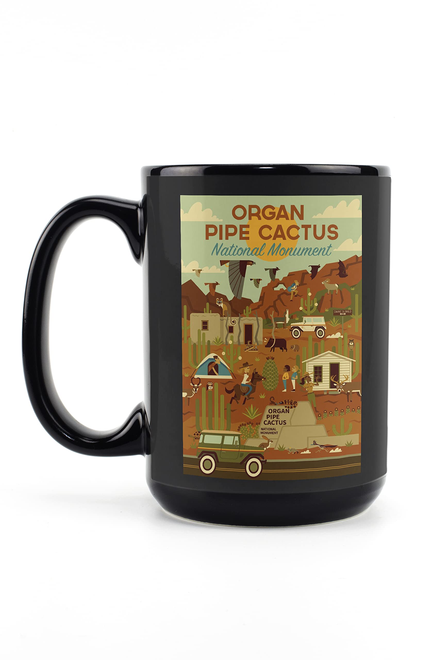 15oz Black Ceramic Coffee Mug - Organ Pipe Cactus National Monument Arizona Design - Geometric Travel Mug for Tea & Coffee - Dishwasher & Microwave Safe - Perfect for Camping, Office & Home Use