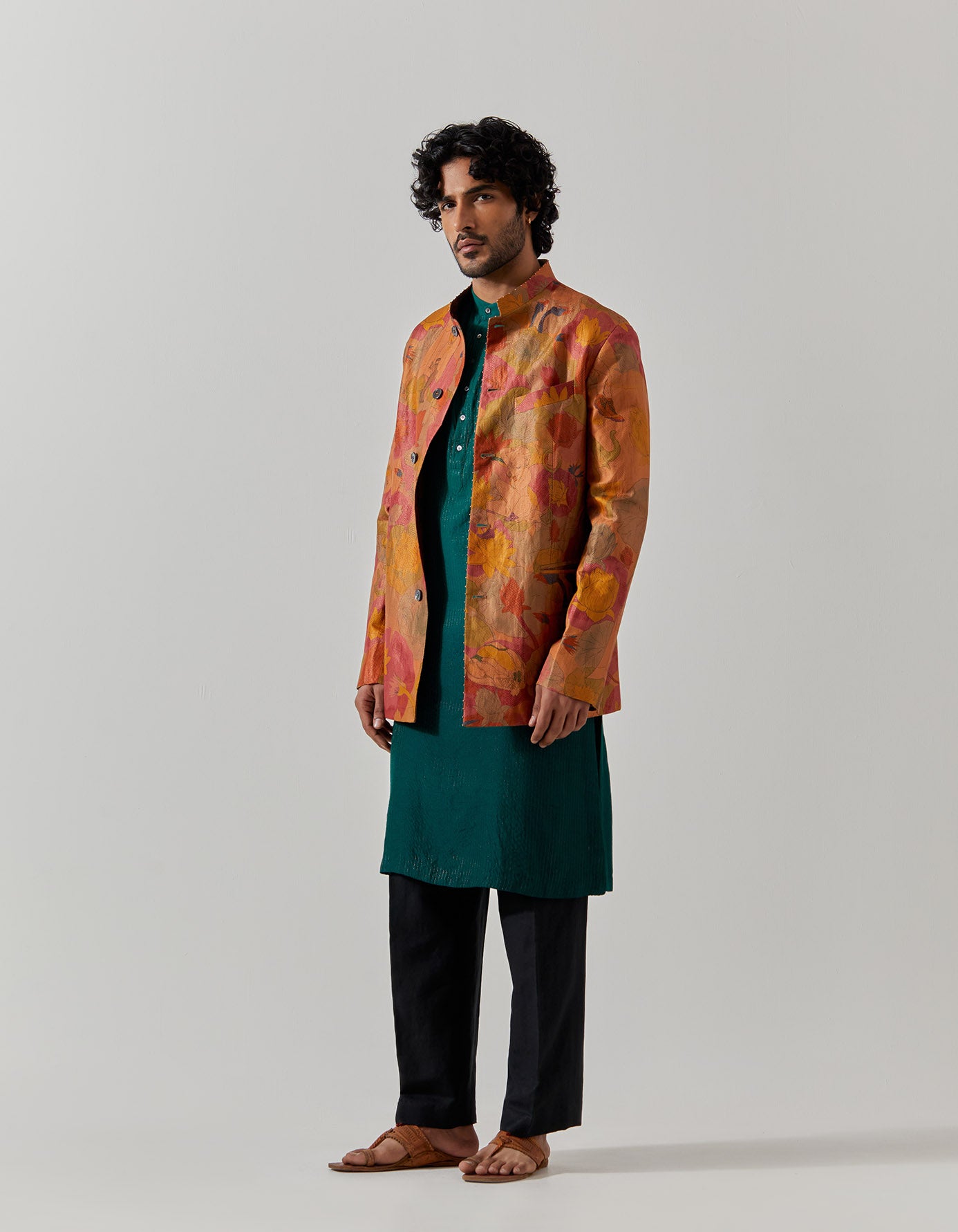 Luxury Bandhgala Silk Brocade Jacket with Gold Vineyard Embroidery - Perfect for Weddings, Festivals & Special Occasions