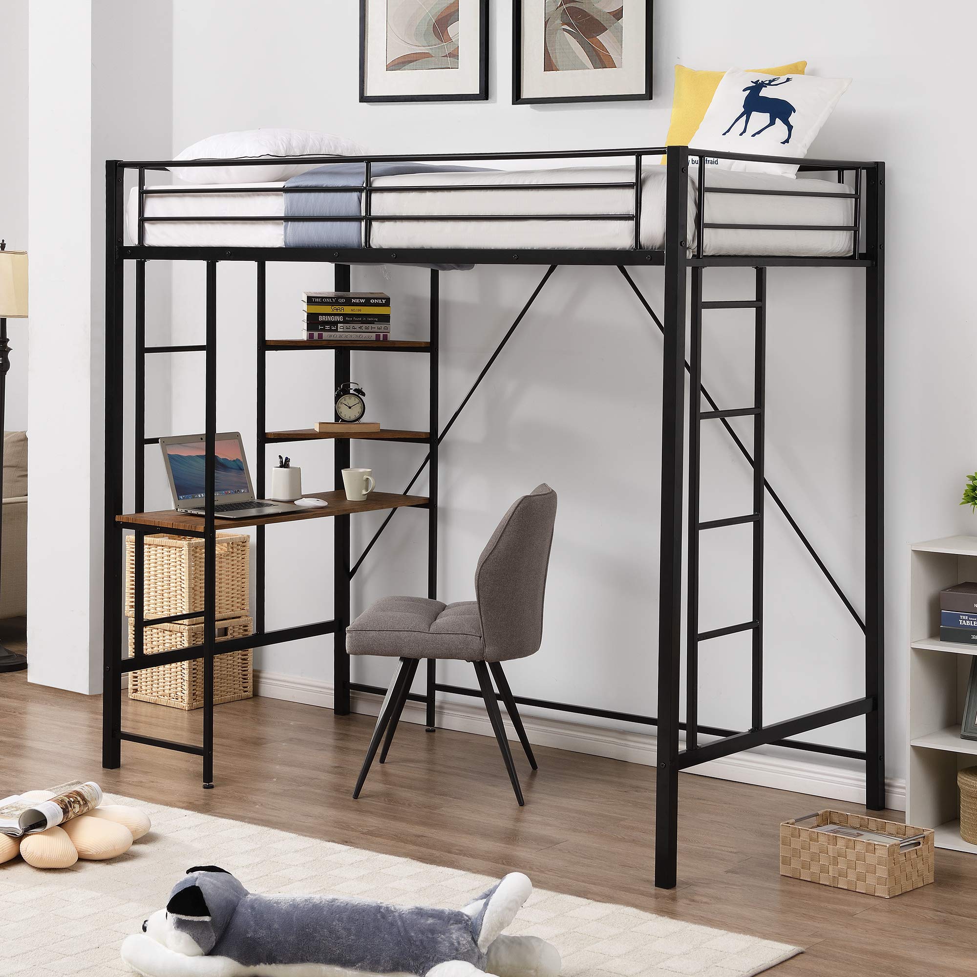 Space-Saving Metal Twin Loft Bed with Built-In Desk, 2 Ladders & Shelves - Sturdy Loft Bed Frame for Teens & Adults - No Box Spring Needed - Perfect for Small Bedrooms, Dorms & Studio Apartments