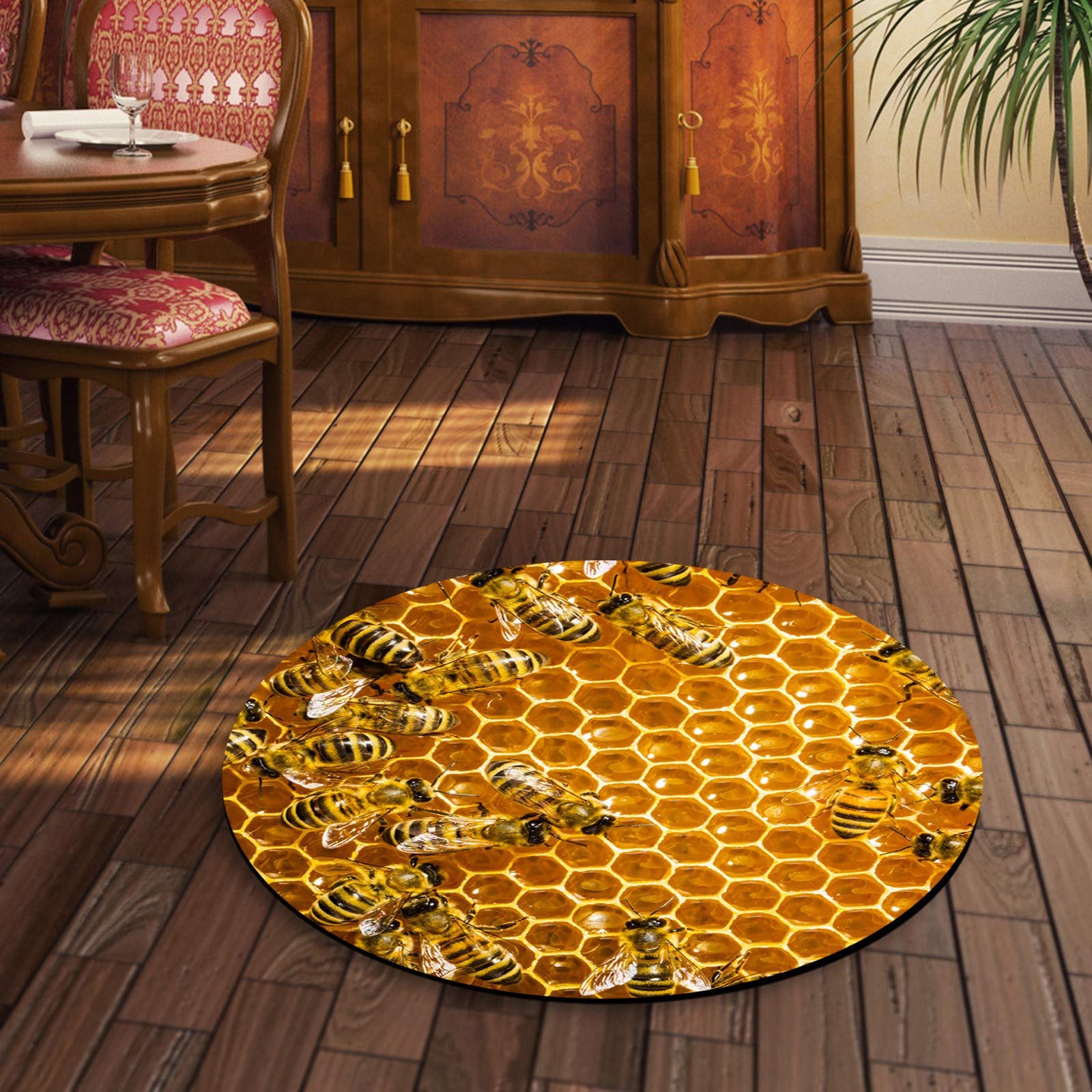 Honeycomb Carpet - Non-Slip Round Yoga Mat with Bee Print, Soft Floor Rug for Home Decor, Entryway, Bathroom & Playroom | Eco-Friendly & Comfortable for Yoga, Meditation & Kids Play Area
