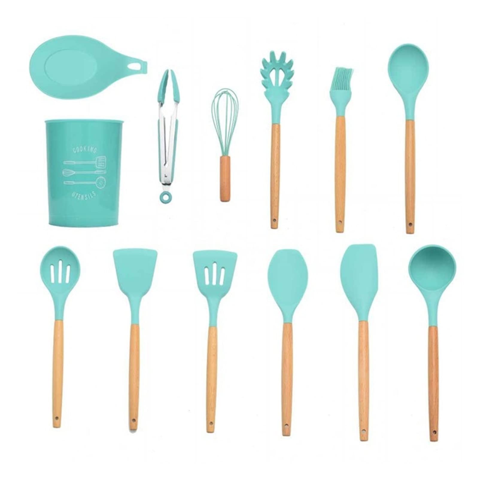 Premium 9 or 12-Piece Pink Silicone Kitchen Utensil Set with Storage Box - Includes Turner, Tongs, Spatula & Soup Spoon (Mint Green, 13-Piece) - Non-Stick Cooking Tools for Baking, Grilling & Everyday Meal Prep