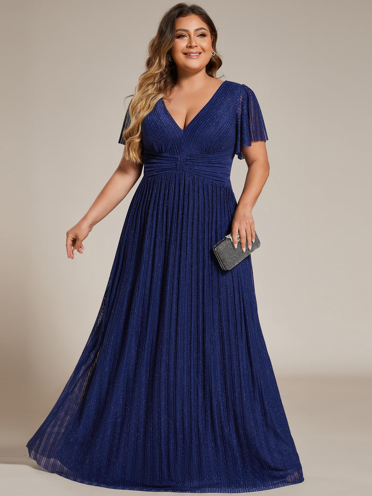 Ever-Pretty Women's A-Line V-Neck Glitter Short Sleeve Pleated Plus Size Formal Evening Dress 11961-DA | Elegant Party Gown for Prom, Wedding Guest, Cocktail & Special Occasions