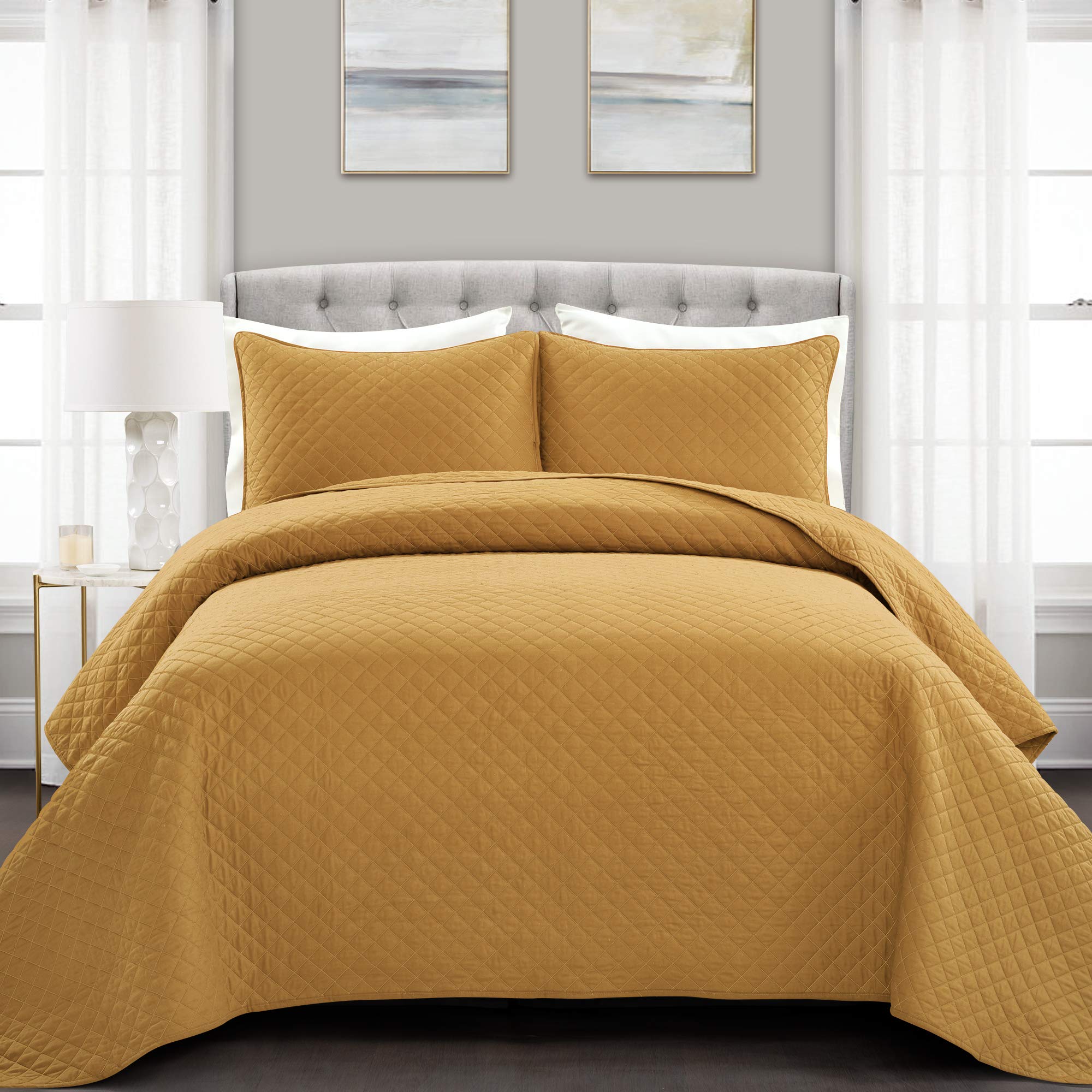Lush Decor Ava Quilt Set - 3 Piece Oversized Diamond Pattern Bedding Blanket & Bedspread - Full/Queen Size - Mustard Yellow - Cozy Home Decor for Bedroom, Living Room & Guest Room