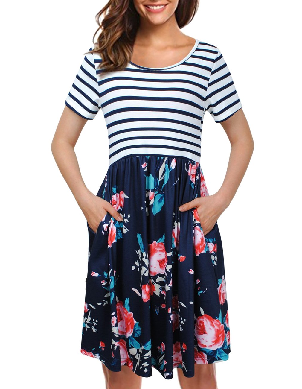 Women's Short Sleeve Striped Floral Tunic Dress with Pockets - Patchwork Puffy Swing Casual Party Dress for Summer Outfits, Beach Wear & Date Night