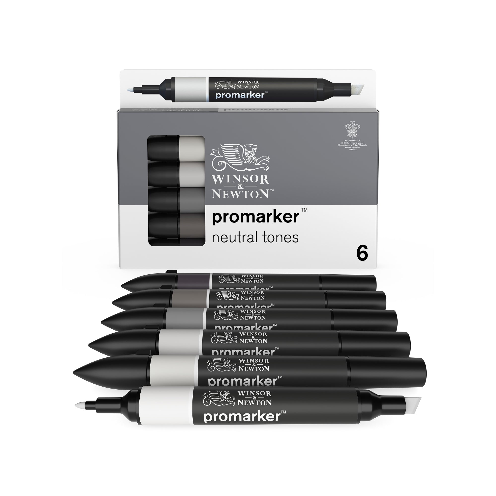 6-Piece Double Tip Promarker Marker Set - Neutral Colors with Bullet & Chisel Tips - Perfect for Illustration, Calligraphy, and Professional Art Projects