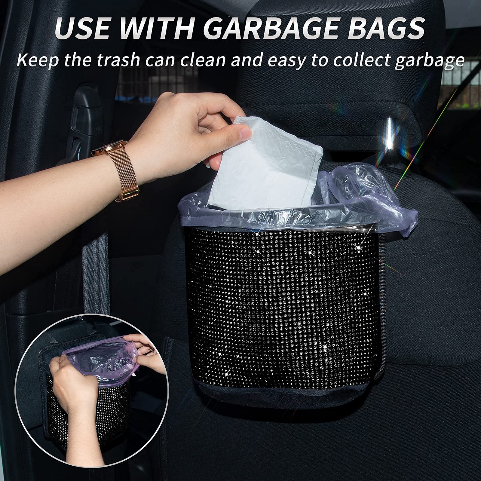 Premium Bling Crystal Car Seat Organizer - 2 Pack Black Diamond Car Accessories for Front/Back Seats | Travel Caddy Bag & Practical Garbage Pocket Bin | Perfect for Road Trips, Commuting & Family Travel
