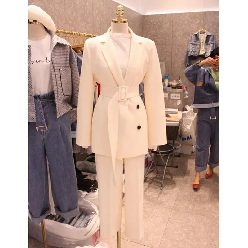 Women's Belted Pantsuit - Professional Stretch Blazer & Trousers Set for Office, Business Meetings & Formal Events | Plus Size Options Available