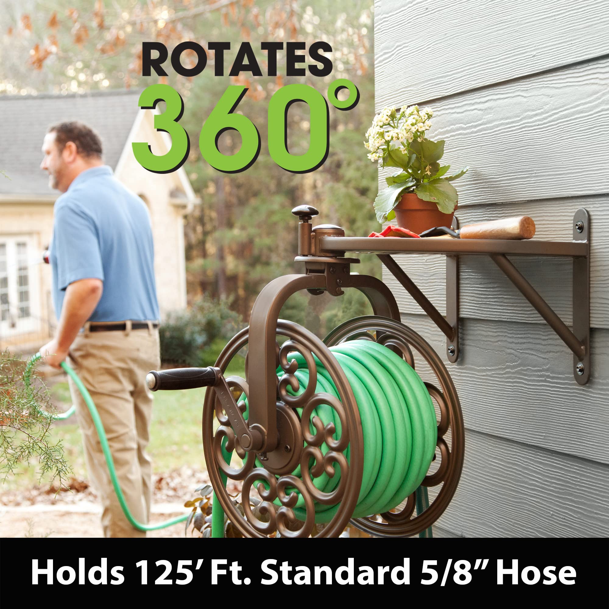 Liberty Garden 710 Navigator Rotating Garden Hose Reel - 125-Feet Capacity for 5/8-Inch Hose, Durable Bronze Finish - Perfect for Lawn Care, Yard Watering & Outdoor Cleaning