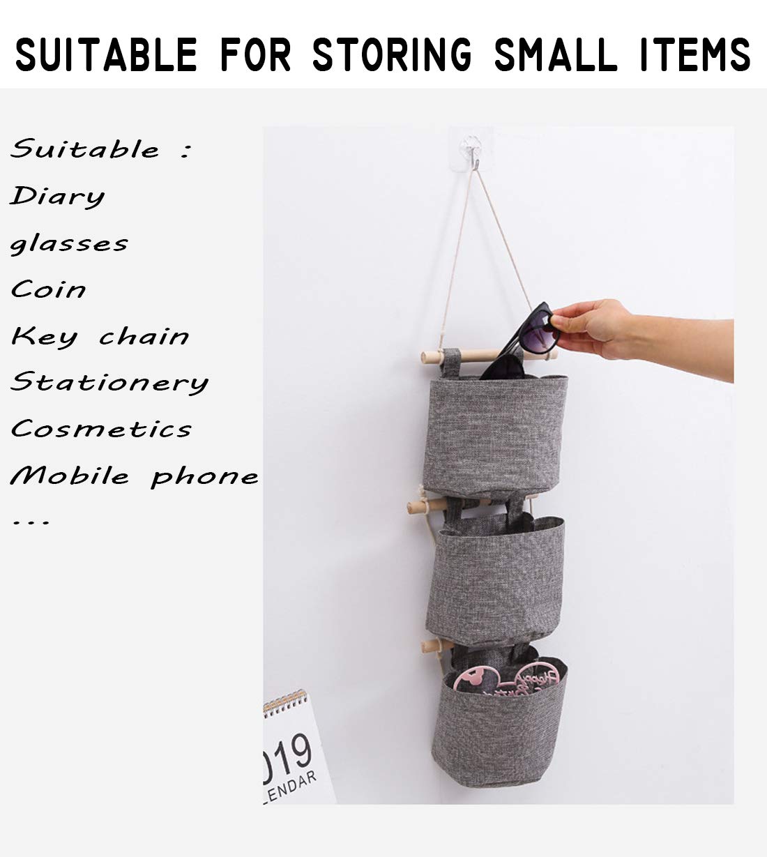 AARAINBOW 1 Pack Mini Cotton Linen Fabric Hanging Storage Organizer with 3 Pockets - Detachable, Foldable & Washable Closet Door Organizer for Bedroom, Bathroom & Small Spaces (Gray) - Perfect for Storing Accessories, Toiletries & Home Essentials