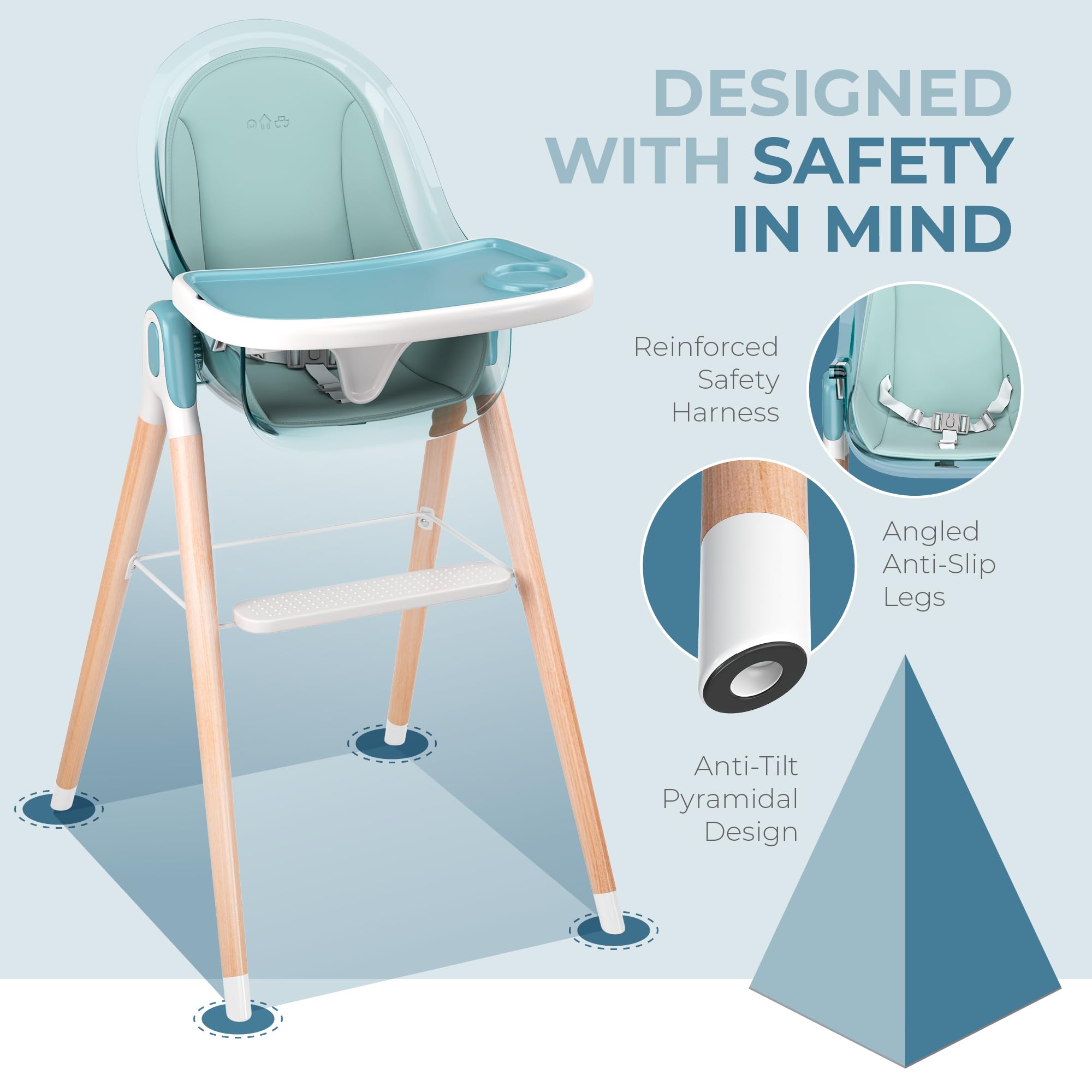 6-in-1 Deluxe Wooden High Chair for Babies & Toddlers - Modern, Safe & Compact Baby Highchair with Removable Tray & Cushion - Easy to Clean & Assemble - 3 Seat Positions & 2 Height Adjustments - Perfect for Dining, Feeding & Playtime at Home or Restaurant