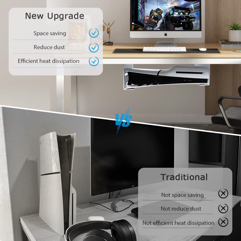 Under Desk Mount for PS5 Slim & PS5 - Chanvoo Aluminum Under Desk Holder Compatible with PlayStation 5 Slim/PS5 Disc & Digital Edition - No Drill Installation (White) - Perfect for Gaming Setup, Office & Bedroom Organization