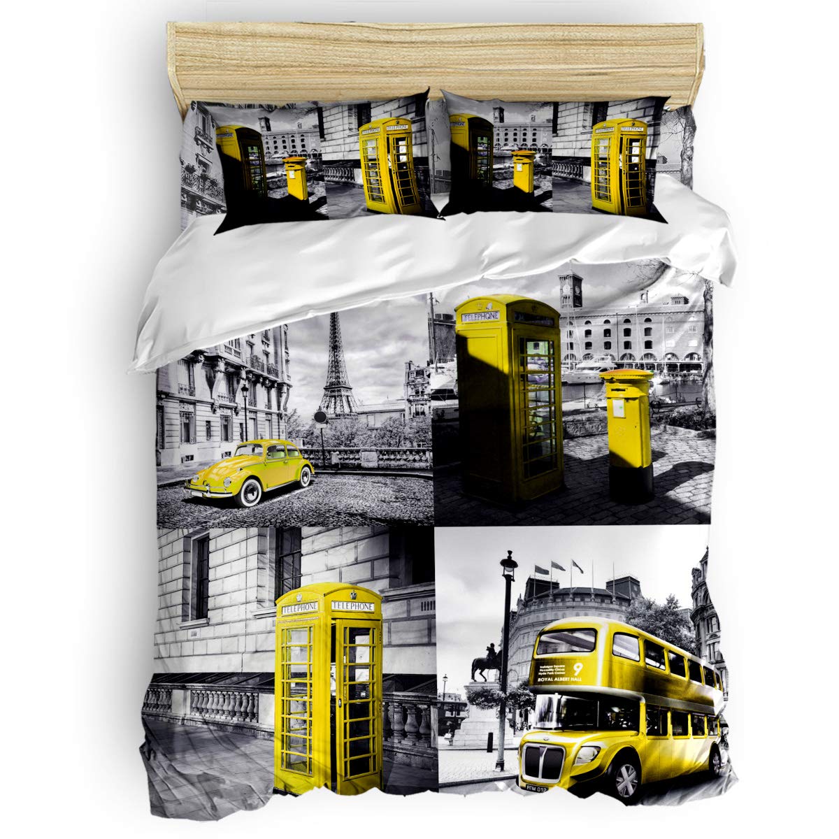 Modern Paris & London Cityscape Duvet Cover Set - Full Size Bedding with Yellow Bus Design for Kids & Teens, Includes 1 Duvet Cover + 1 Flat Sheet + 2 Pillowcases - Perfect for Boys & Girls Bedroom Decor, Dorm Room Essentials, and Cozy Teen Retreat