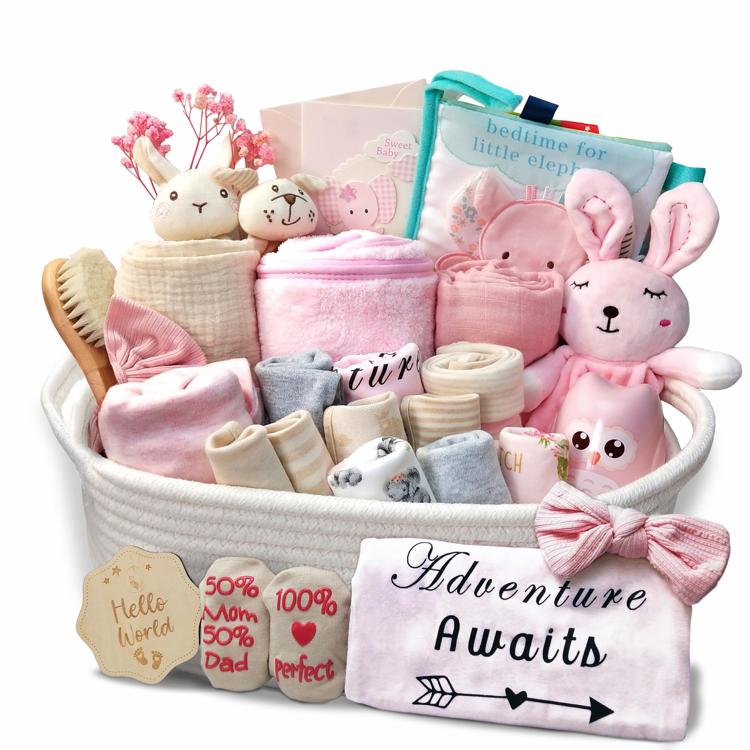 27-Piece Baby Girl Shower Gift Basket Set - Newborn Essentials with Rattle, Swaddle Blanket & Diaper Caddy Organizer | Perfect Baby Registry, Welcome Home & First Birthday Gift Idea | Large Pink Gift Box for New Parents