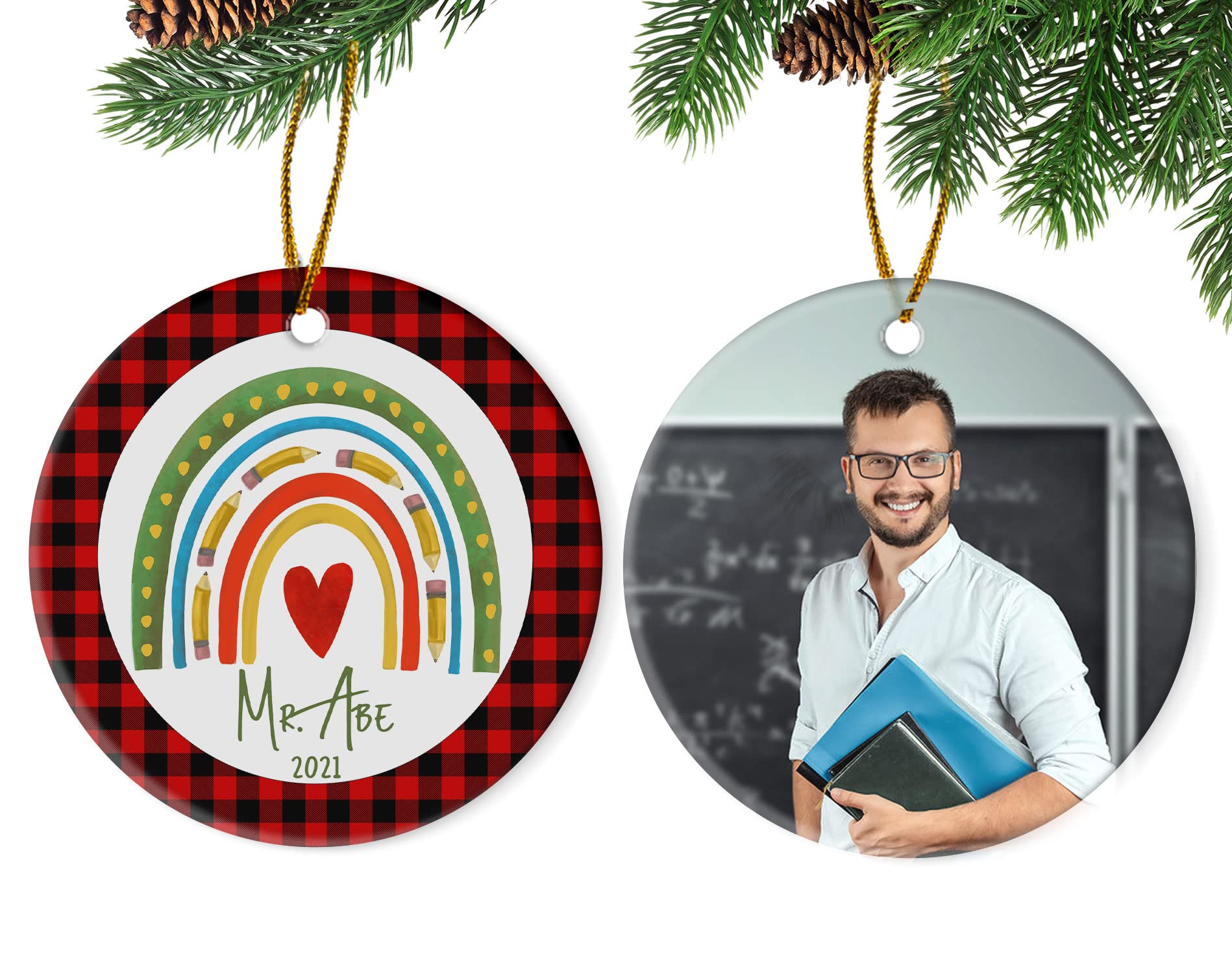 Personalized Teacher Christmas Ornaments - Custom Name & Year Red Plaid Rainbow Xmas Tree Decorations - Unique Teacher Appreciation Gifts for Classroom, Home & Office Holiday Decor