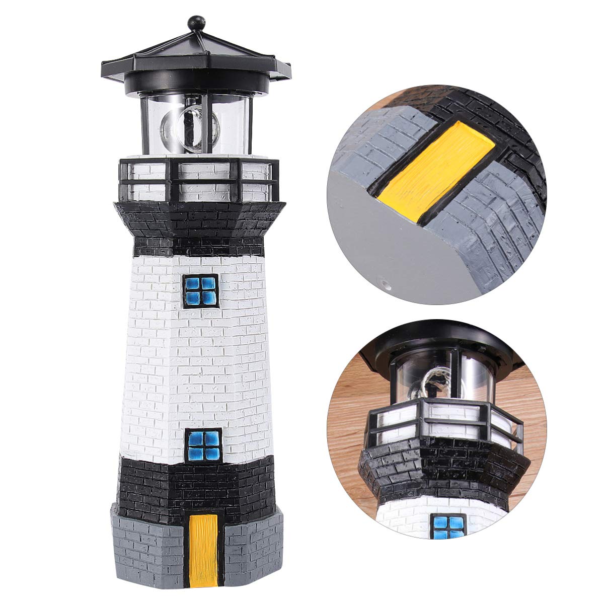 Solar Powered Rotating Lighthouse LED Light - Outdoor Decorative Garden Statue with Auto-Revolving Lamp for Patio, Lawn & Yard Decor (Black & White) | Perfect for Landscape Lighting, Pathway Illumination & Backyard Ambiance