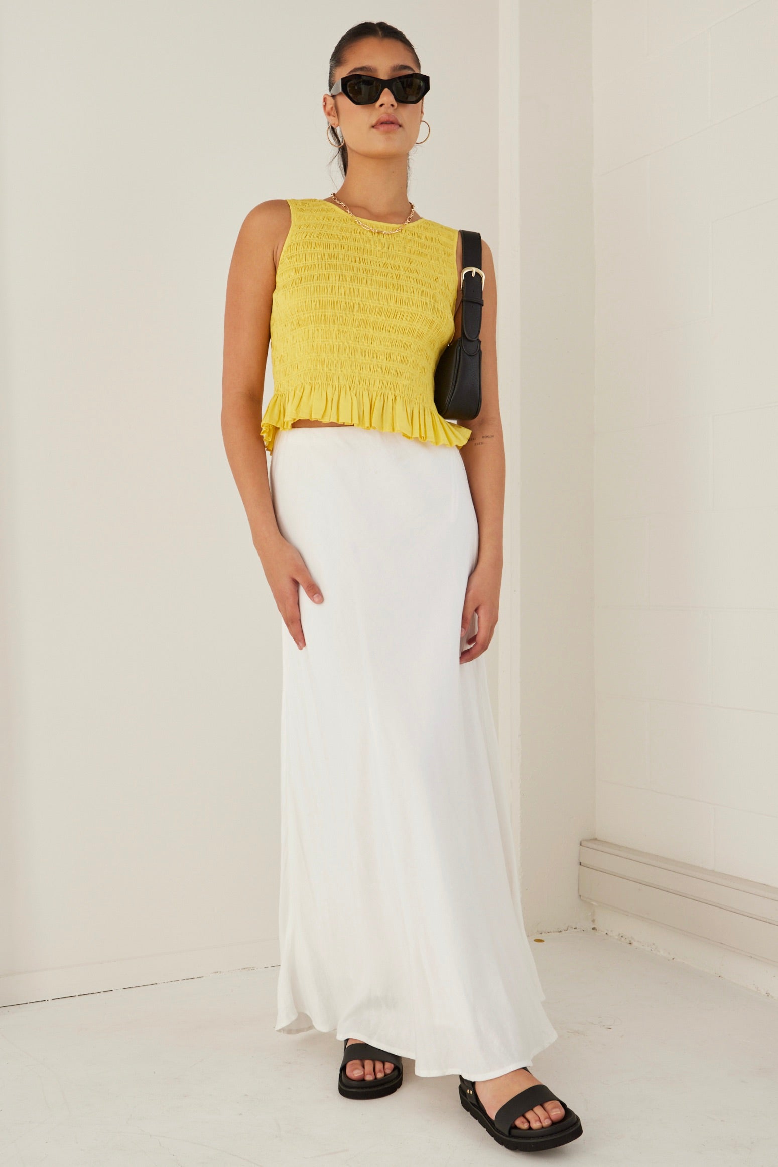 Stylish Sunshine Yellow Shirred Poplin Sleeveless Shell Top for Women | Summer Casual Wear, Beach Outfits & Vacation Essentials