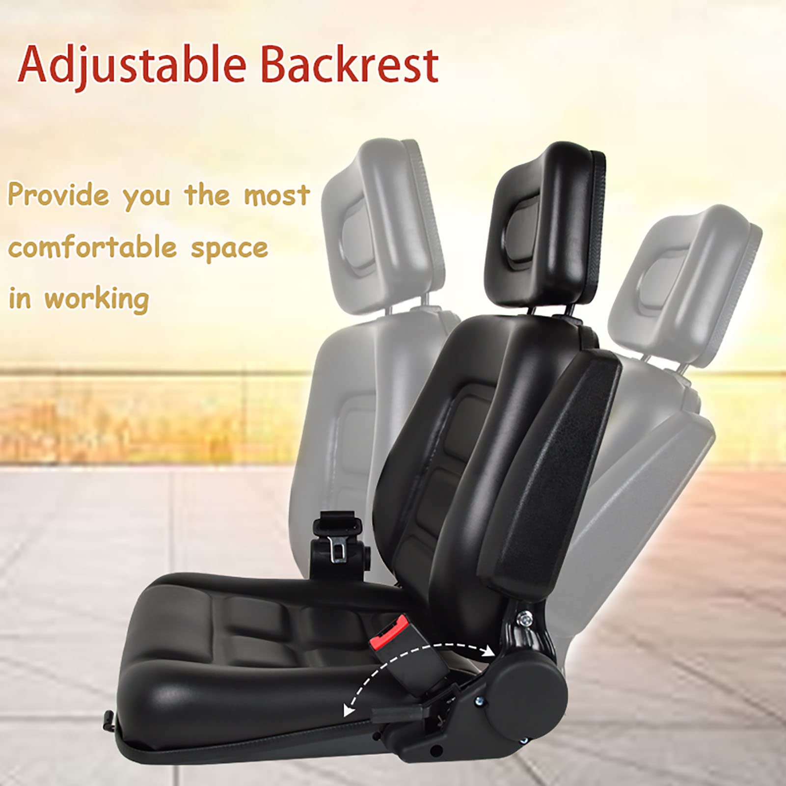 Universal Lawn Mower Seat with Adjustable Backrest & Slide Rail - Waterproof Tractor Seat with Armrests, Headrest & Seatbelt - Fits Garden Tractors, Loaders, Forklifts, Excavators & Dozers - Perfect for Landscaping, Farming & Construction Work