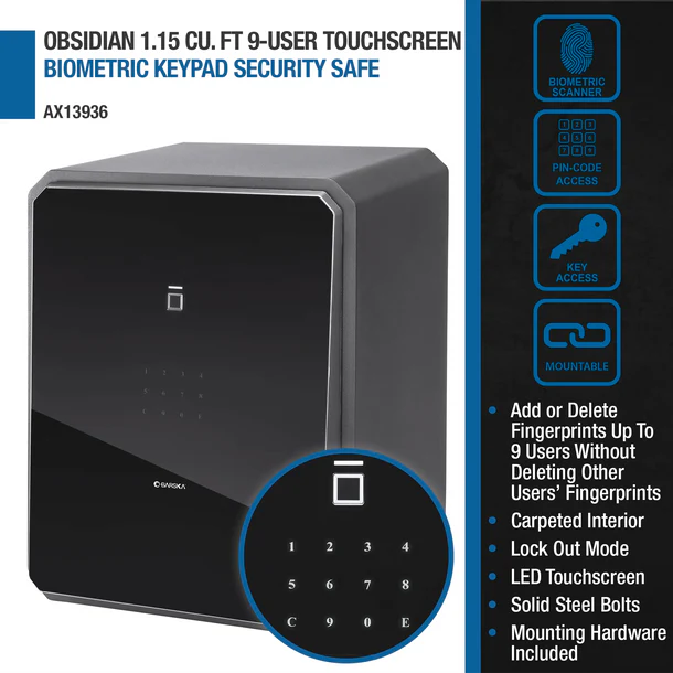 Barska AX13936 Obsidian 9 Biometric Fingerprint Safe with Touchscreen Keypad - Secure Handguns, Jewelry & Valuables for Home or Office Use