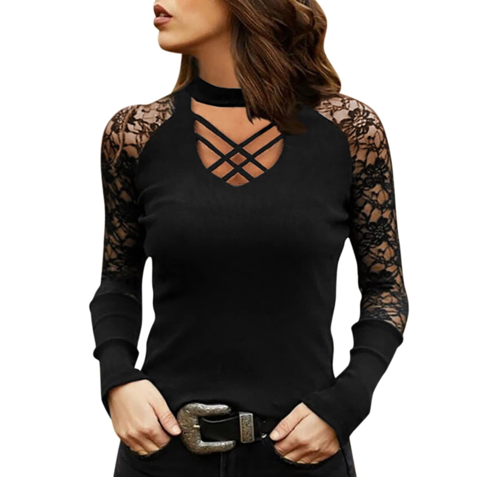 Trendy Oversized V-Neck Printed Lace Tunic Tops for Women - Slim Elastic Sexy Blouse for Casual Wear, Dating & Night Out