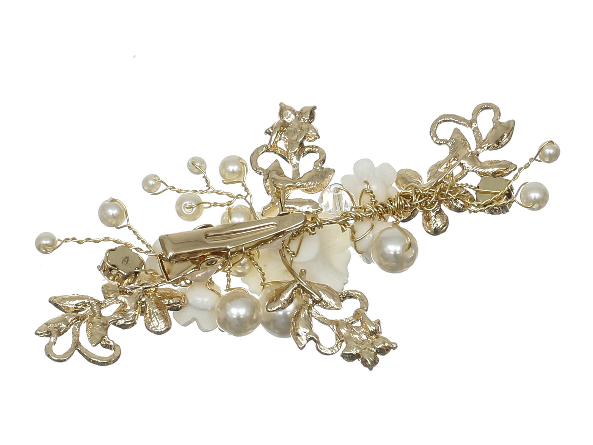 SAMKY Handmade White Pearl Crystal Flower Hair Clips for Women - Gold T1213 | Elegant Bridal Hair Accessories, Prom, Wedding & Party Hair Jewelry